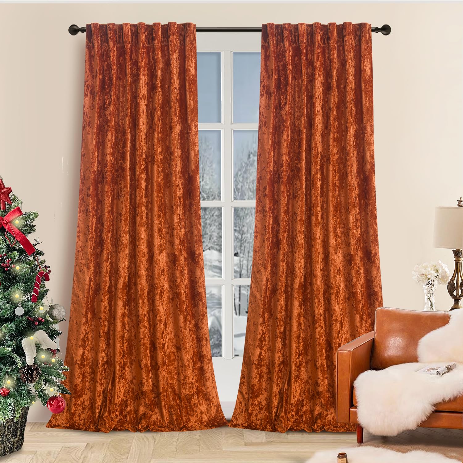 gisewood Lux Orange Crushed Velvet Curtains 2 Panel Set - 84 inches Long Room Darkening Luxury Distressed Velvet Rod Pocket Window Drapes for Living