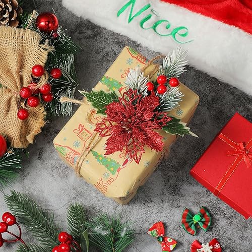 Miniatura 3 de Hotop 12 flores de pascua artificiales con purpurina para Navidad, flores artificiales de Navidad con clips, flores de Pascua para decoración de