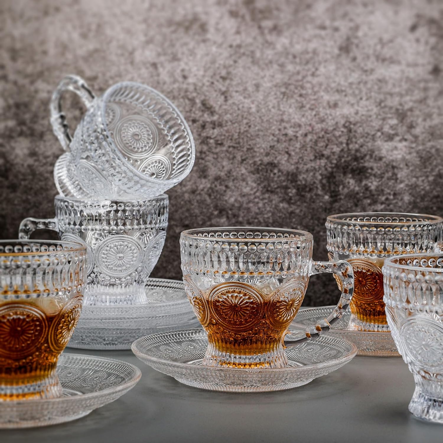 Glass Tea Cups and Saucers Set of 6 - Vintage Coffee Mugs -Teacups Set for Espresso Cappuccino Latte Tea - Dishwasher Microwave Safe (7OZ / 210ML) - Image 5
