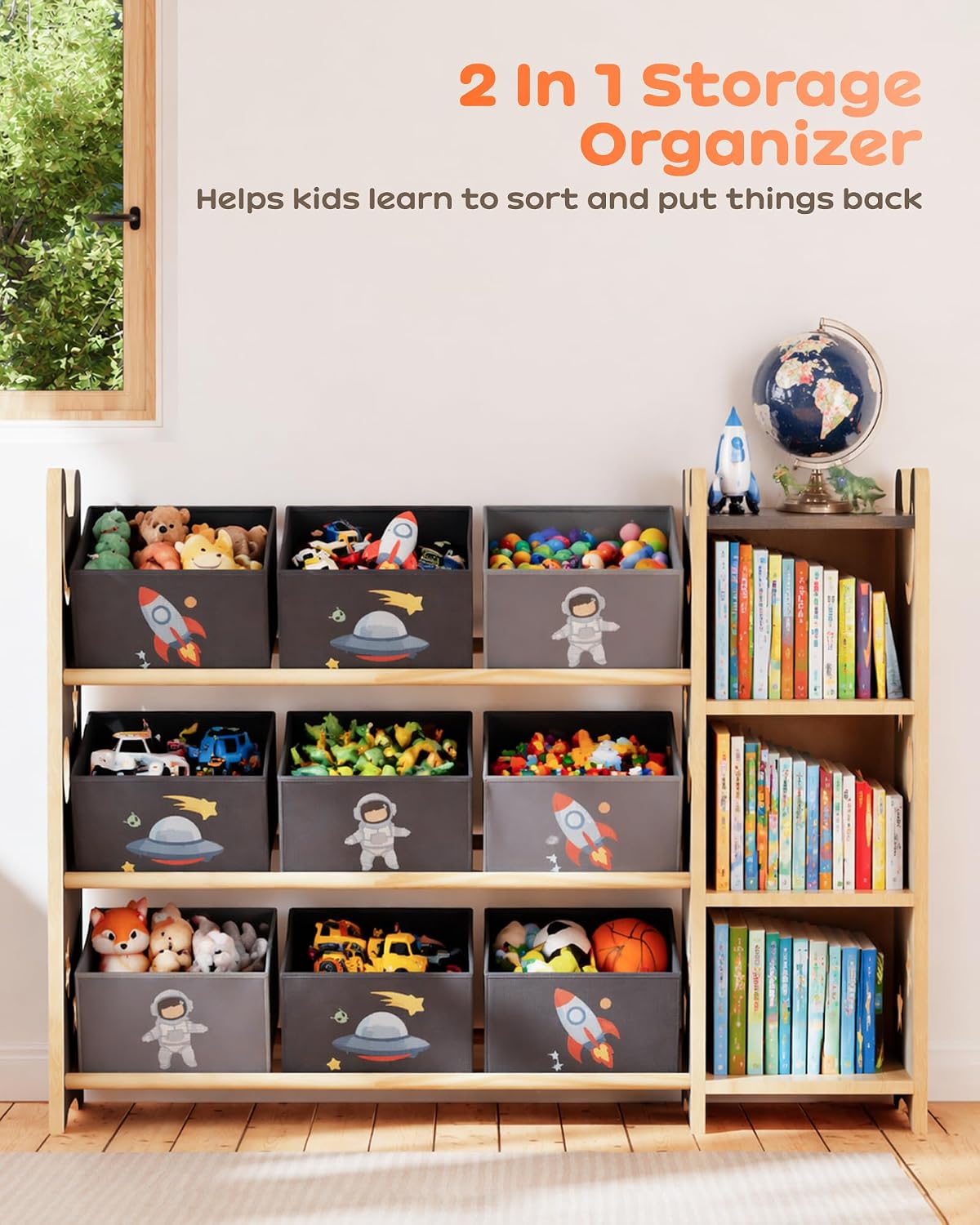Toy Storage Organizer with 3 Shelves and 9 Bins, Black Starry Sky Bookshelf and Bookcase for Kids, Playroom Toy Bin Shelf for Bedroom & Room, 41.9" W