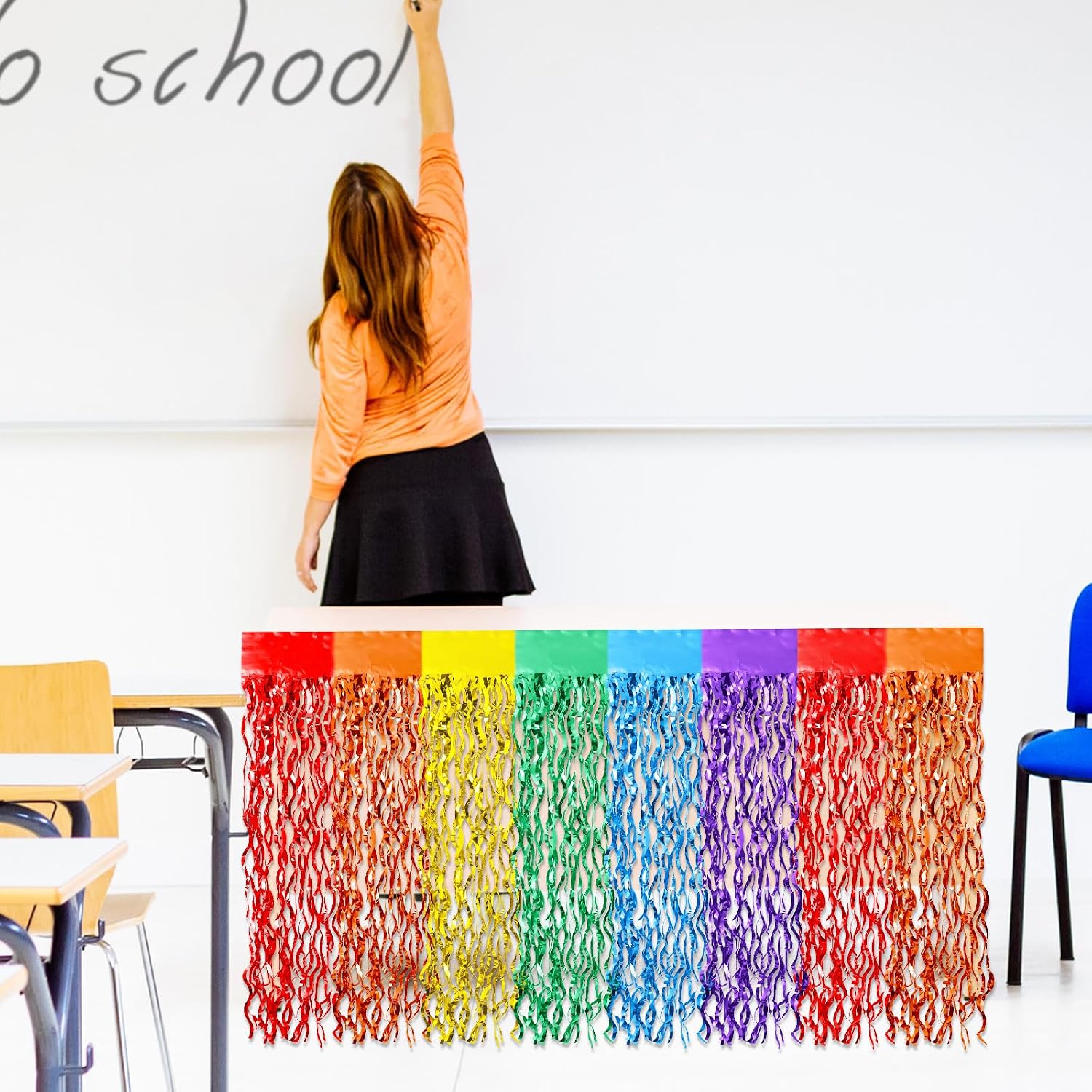 108 x 30 Inch Teacher Desk Skirts, Rainbow Classroom Decor