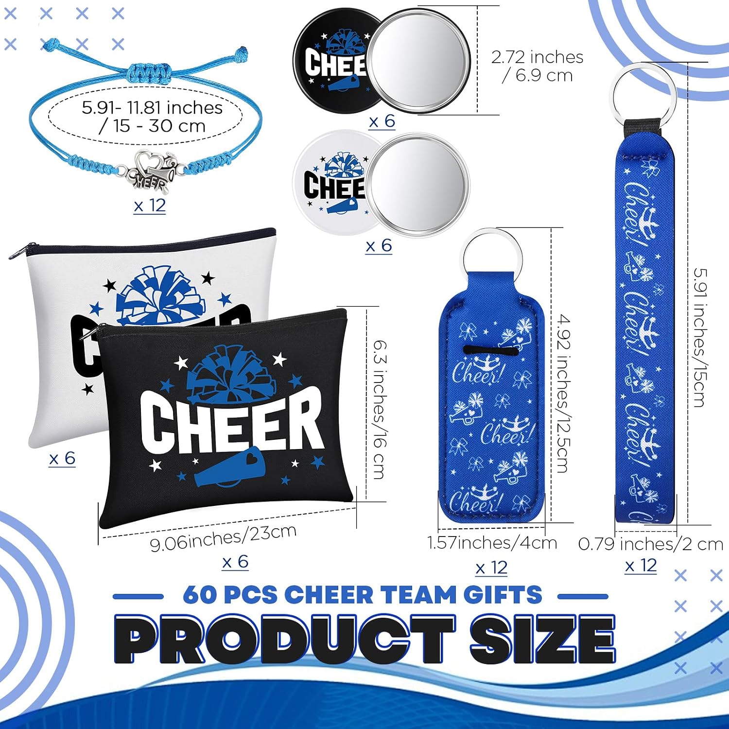 60 Pcs Cheerleader Gifts Bulk Cheer Team Gifts for Women with Cheerleader Cosmetic Bags Makeup Mirror Bracelets Lipstick Holder Keychains Lanyard Cheer Team Party Favors(Blue White)