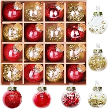 DeckTheHalls Christmas Ball Ornaments Set, 16-Piece Clear Xmas Decor for Crafts, Reusable DIY Festive Tree Decorations, Easy Hang Unbreakable Ornaments for Holiday, Party, Wedding Red & Gold