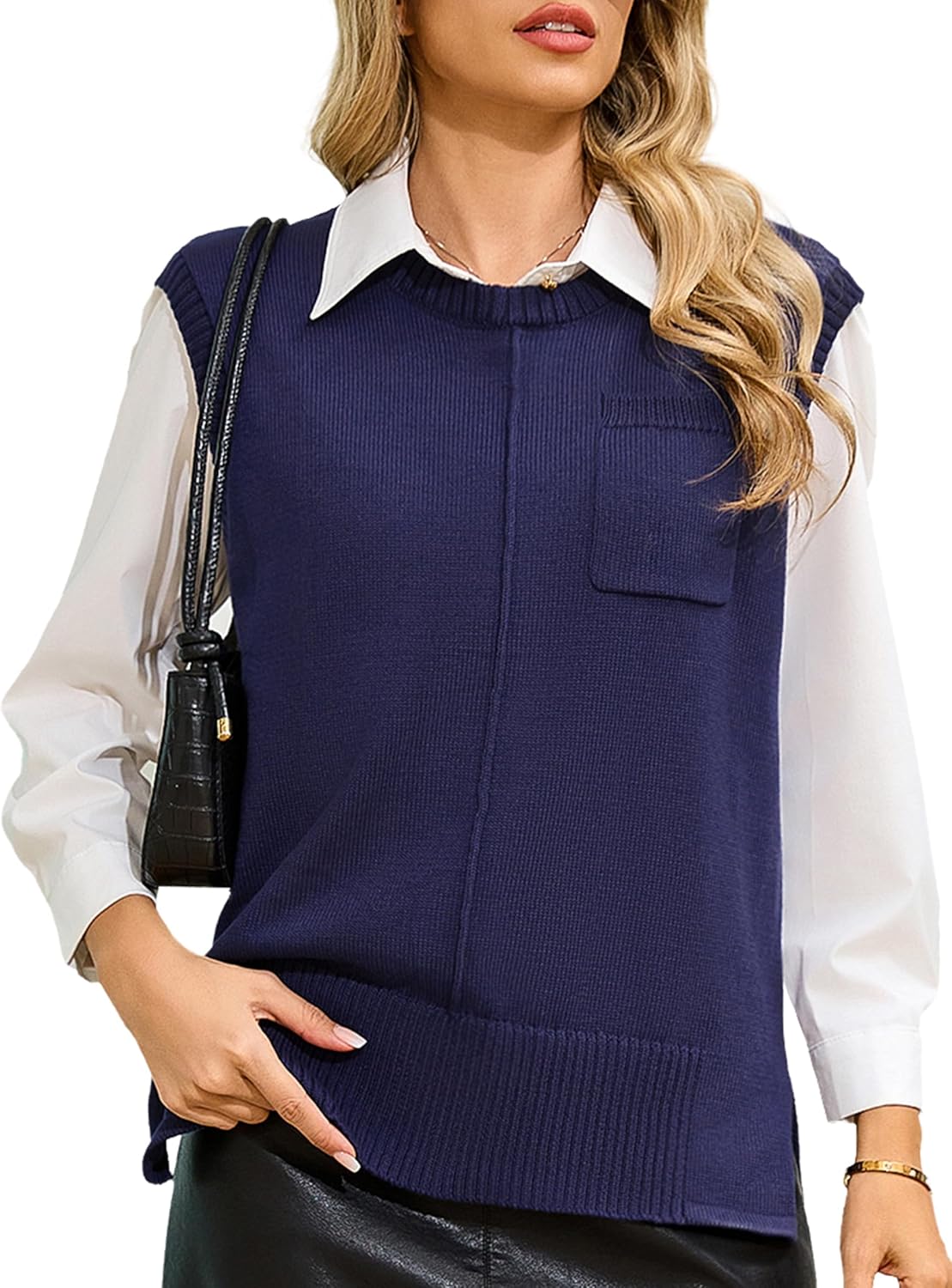 Totatuit Women's Crew Neck Sleeveless Sweater Vest with Pockets 2025 Trendy Ribbed Knit Casual Pullover Tank Tops S-XXL