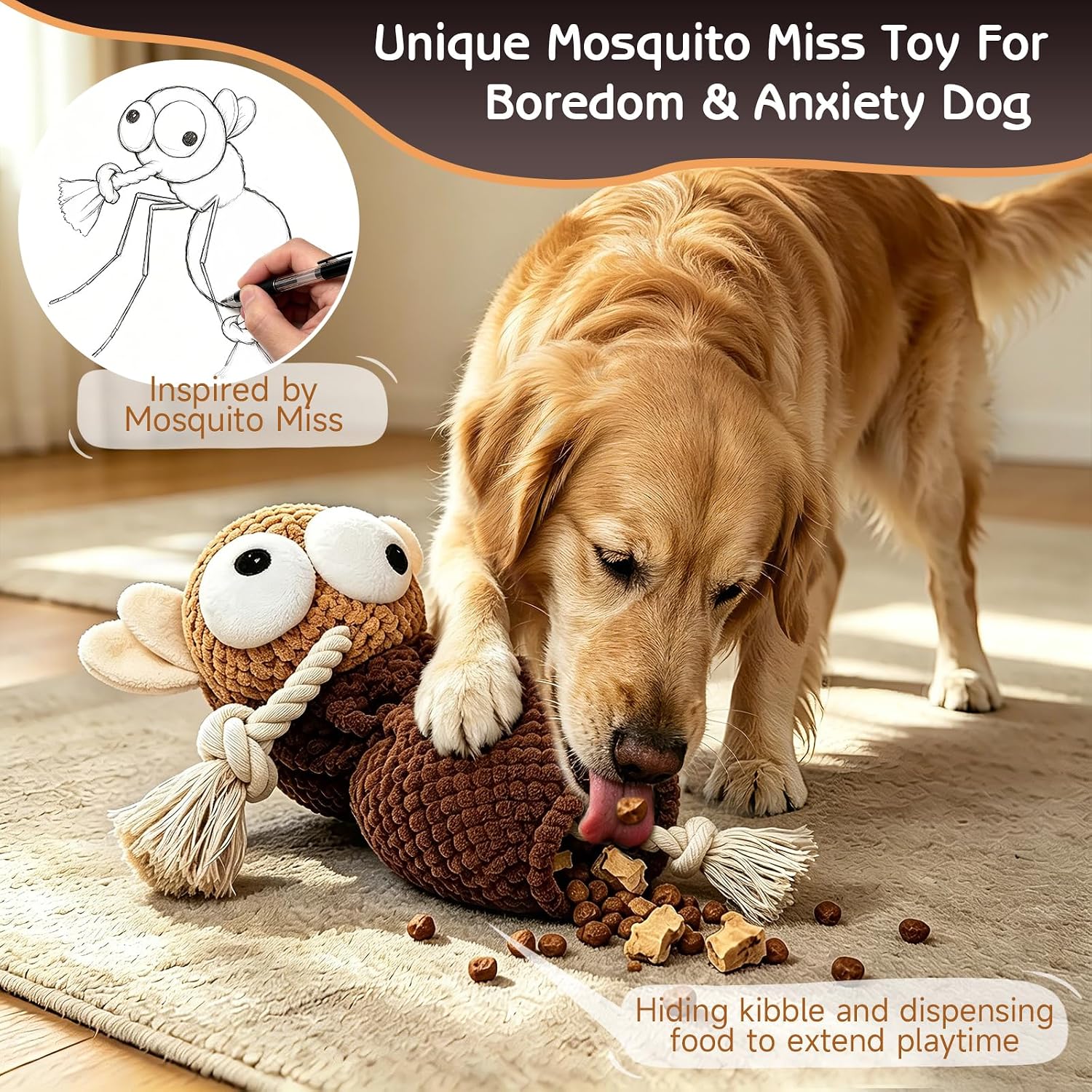 Yipetor Squeaky Dog Toy, [Mosquito Miss] Soft Plush Puppy Toys for Anxiety Relief, Durable Cotton Rope Teeth Clean Interactive Dog Toy to Keep Medium Small Dog Busy - Boredom Dogs Best Birthday Gift