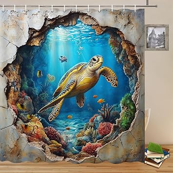Sea Turtle Shower Curtains Ocean Animal 70 x 70 Inch with Hooks | Funny Underwater World Pattern Ocean Themed Print Polyester Fabric Bathroom Decor Bath Curtain Set