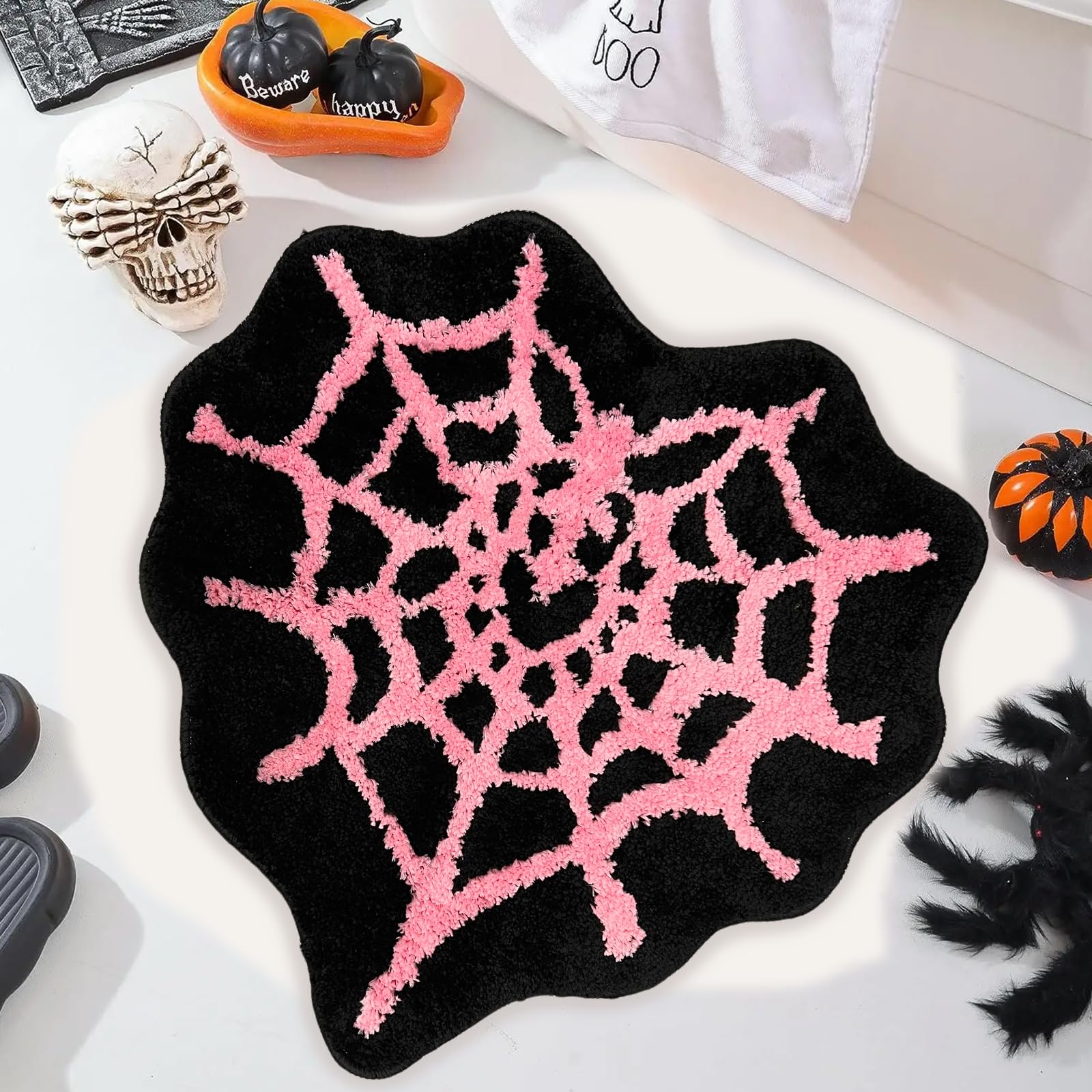 Inshinern Spider Web Bath Mat, 24x24" Halloween Bathroom Rug, Non Slip Washable, Black Heart Pink, HK-BDFC03