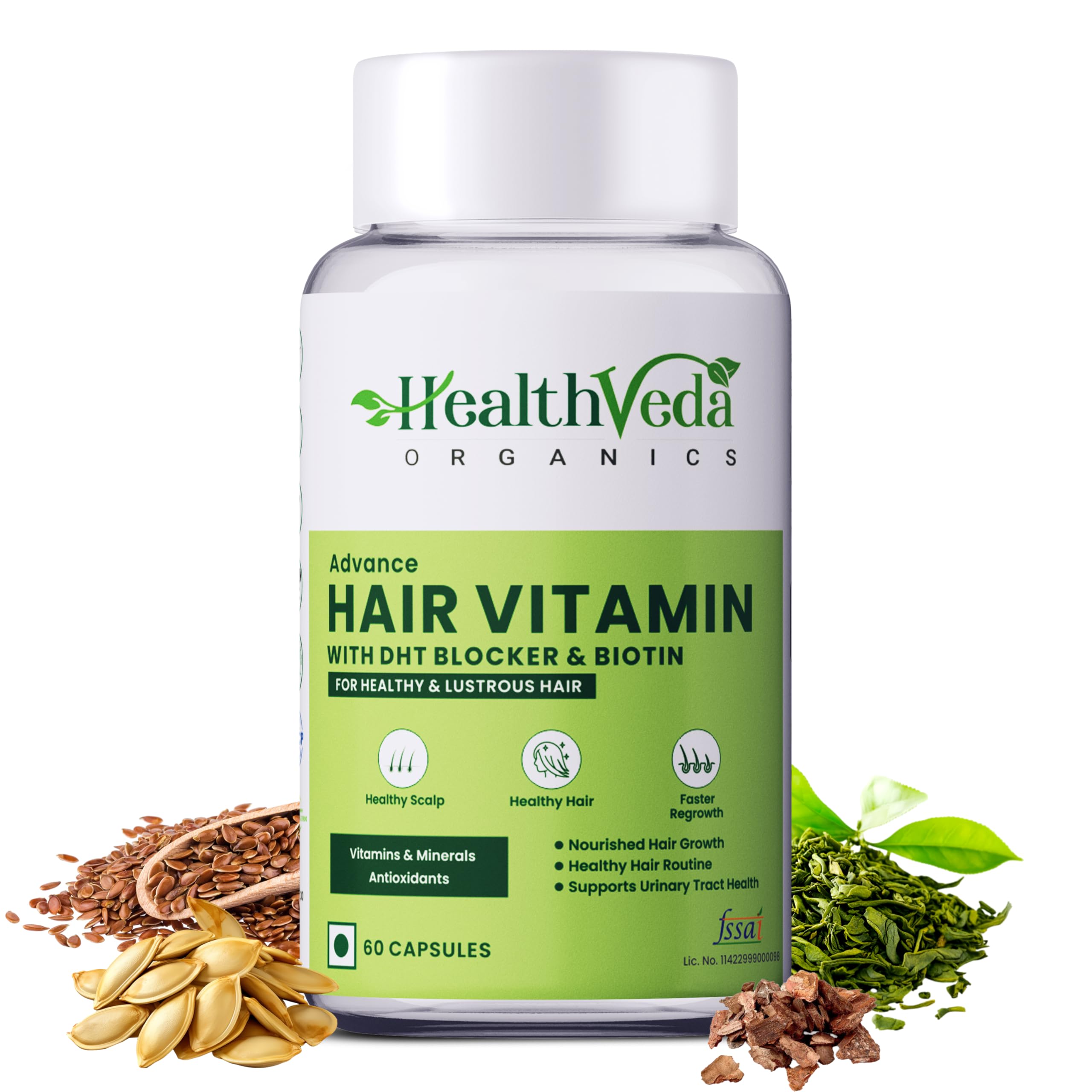 Health Veda Organics Advanced Hair Vitamin Nutrition | 60 Veg Capsules | Biotin + DHT Blocker for Hair Growth, Thickness & Hair Fall Control | For Men & Women