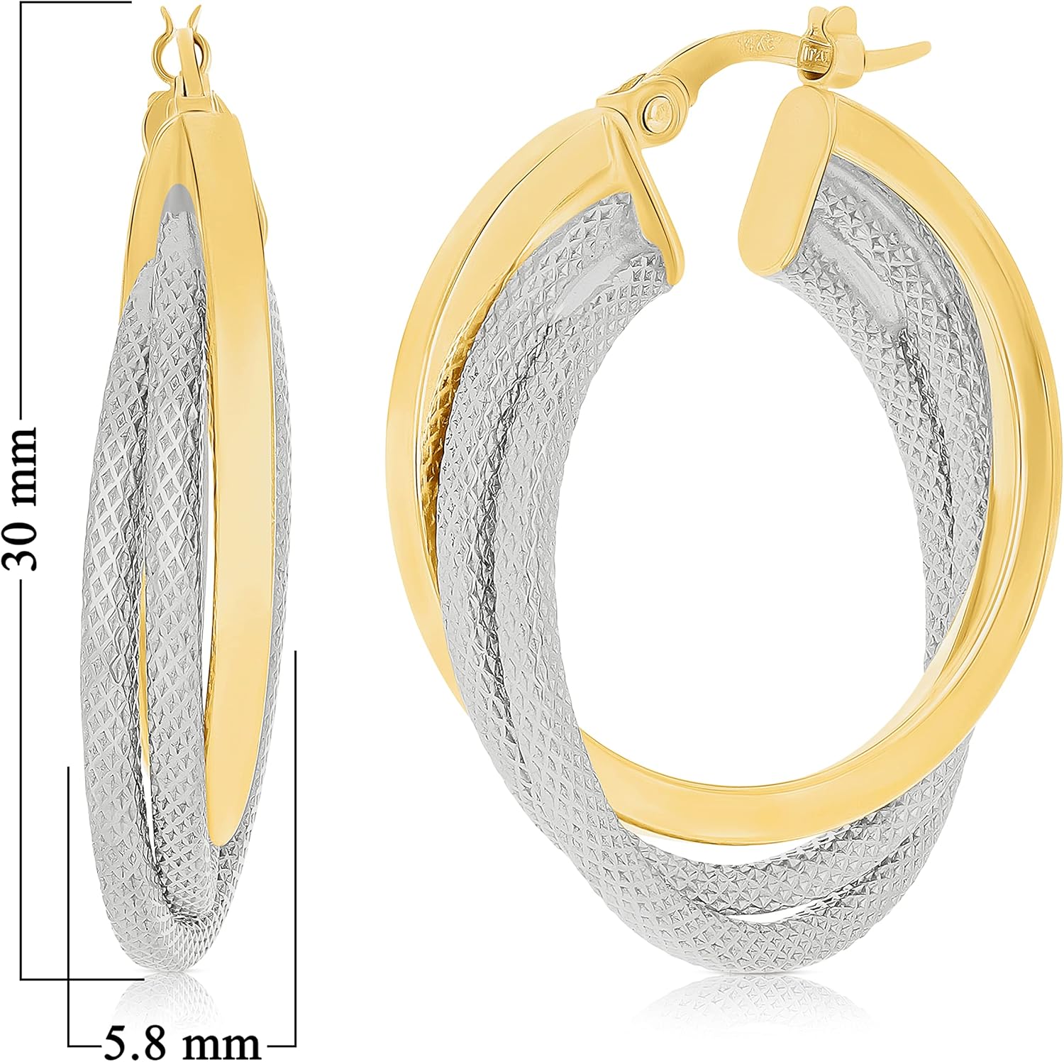 Italian 14k Yellow & White Gold Lattice & Shine Triple Entwined Hoop Earrings