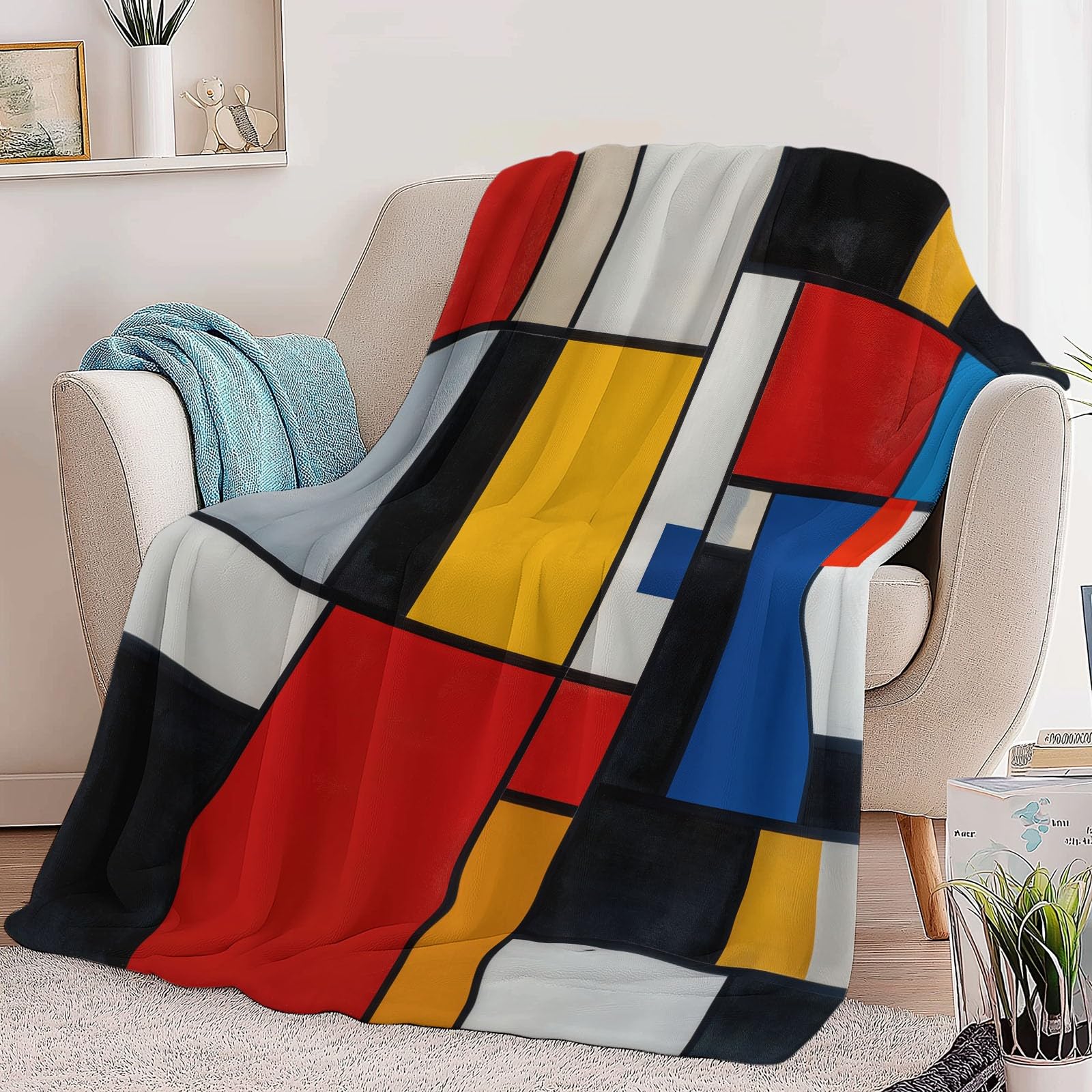 Koc w kratę miękki polarowy abstrakcyjny geometryczny sześcian 180 x 220 cm koc z polaru Sherpa Super ciepły zimowy, narzuta na łóżko, flanelowa narzuta na sofę, pomysł na prezent na Boże Narodzenie