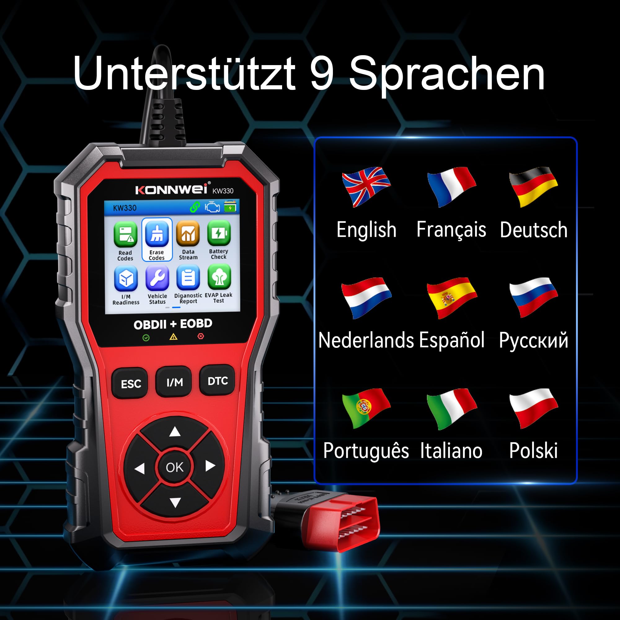 OBD2 Auto Diagnosegerät ,KFZ Auslesegerät mit Batterie Test & DTC Bibliothek, OBDII/EOBD Scanner mit Vollständigen Funktionen, Diagnosegerät Mit Alle Systemdiagnosen,Kompatibel mit OBD2 Fahrzeugen