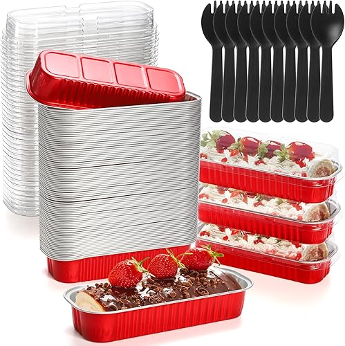 Frcctre Paquete de 100 mini moldes de aluminio para pan, 6.8 onzas desechables de aluminio para hornear con 100 tapas y cucharas, moldes para