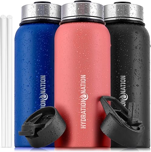 Hydration Nation Botellas de agua aisladas al vacío de 40 onzas con pajilla, botella de agua de metal para deportes y exteriores, botella de agua
