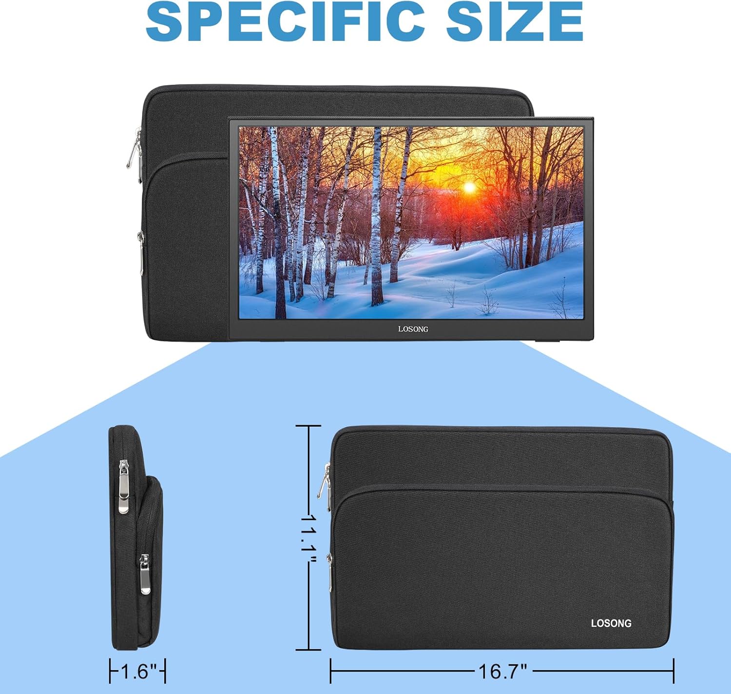 Portable Monitor Case 17.3 Inch, Protective Carrying Sleeve Storage Bag, Display Bag with Accessory Pocket for 17.3 Inch Portable Monitor, Size-16.7"x11.1" Black - Image 3