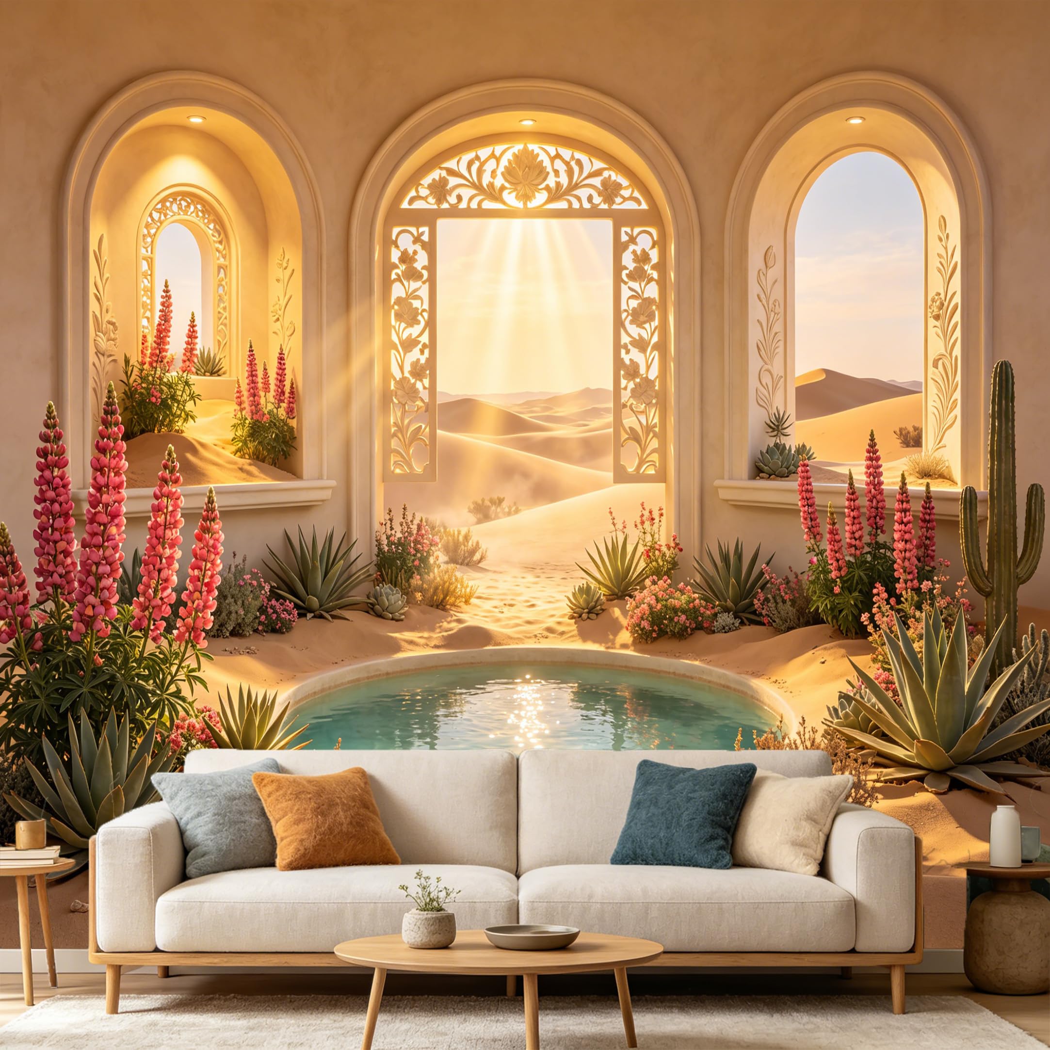 Custom Size Wall Mural， Desert Oasis Window View 3D Archway Succulent Cactus Sunset Landscape， SelfAdhesive Art Prints wall Fabric Removable Large Wallpaper Home Living Room Decor