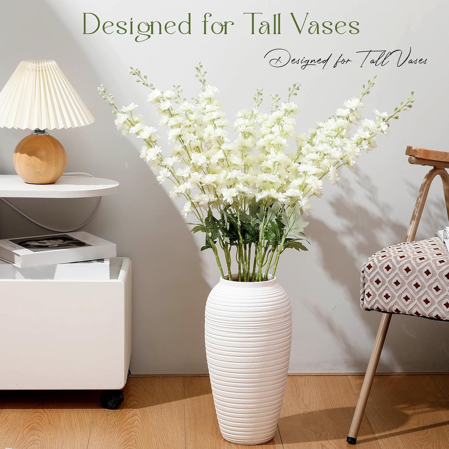 12 Pcs Delphinium Artificial Flowers, 33.5'' Long Stem Lifelike Faux Silk Flower Fake Look Real Bouquet for Tall Vase DIY Wedding Party Home Kitchen Arrangement Decor(White)