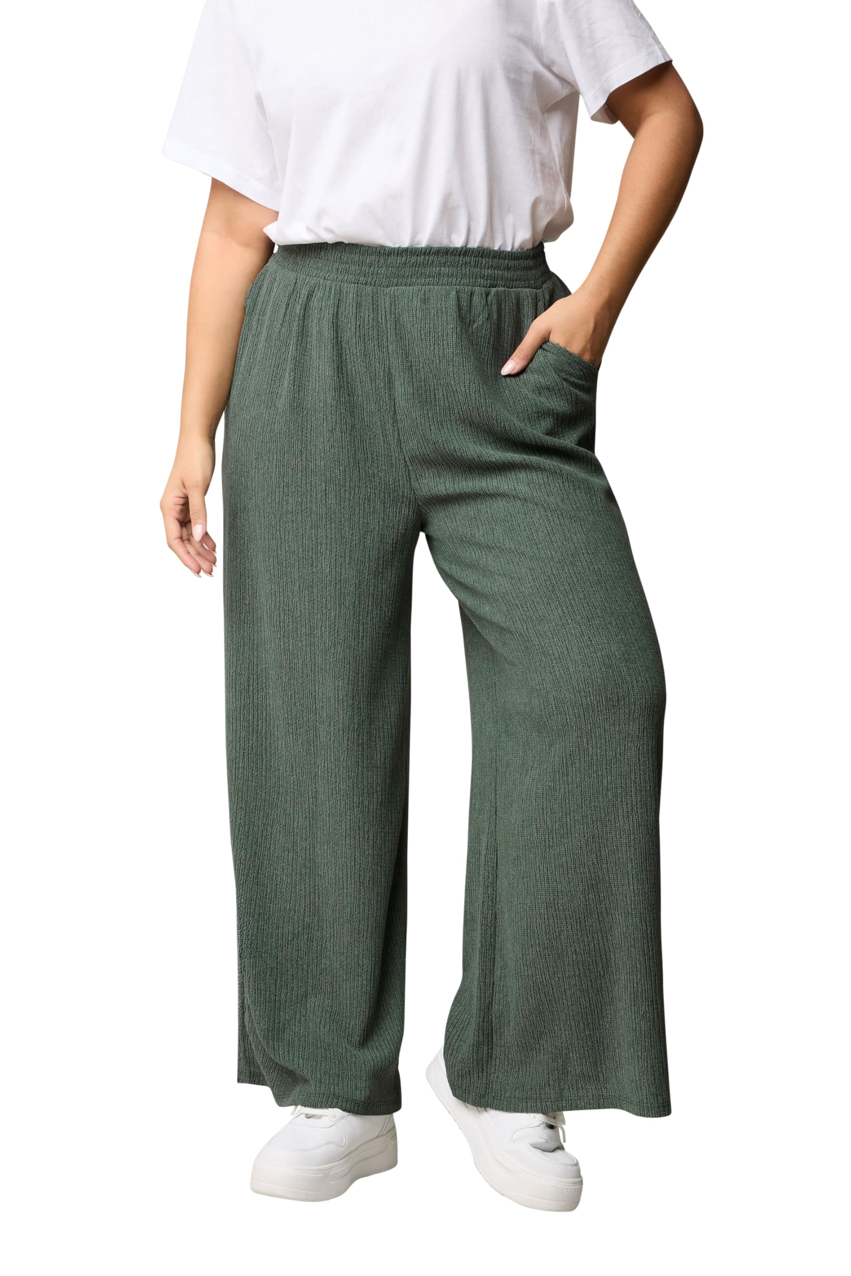 Yours Women's Green Textured Wide Leg Trousers In | : 22/24