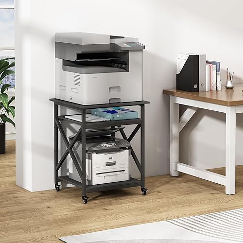 Miniatura 7 de Soporte para impresora, 23.6 x 23.6 x 30.1 pulgadas, mesa cuadrada grande para impresora con estante de almacenamiento ajustable en altura, carrito