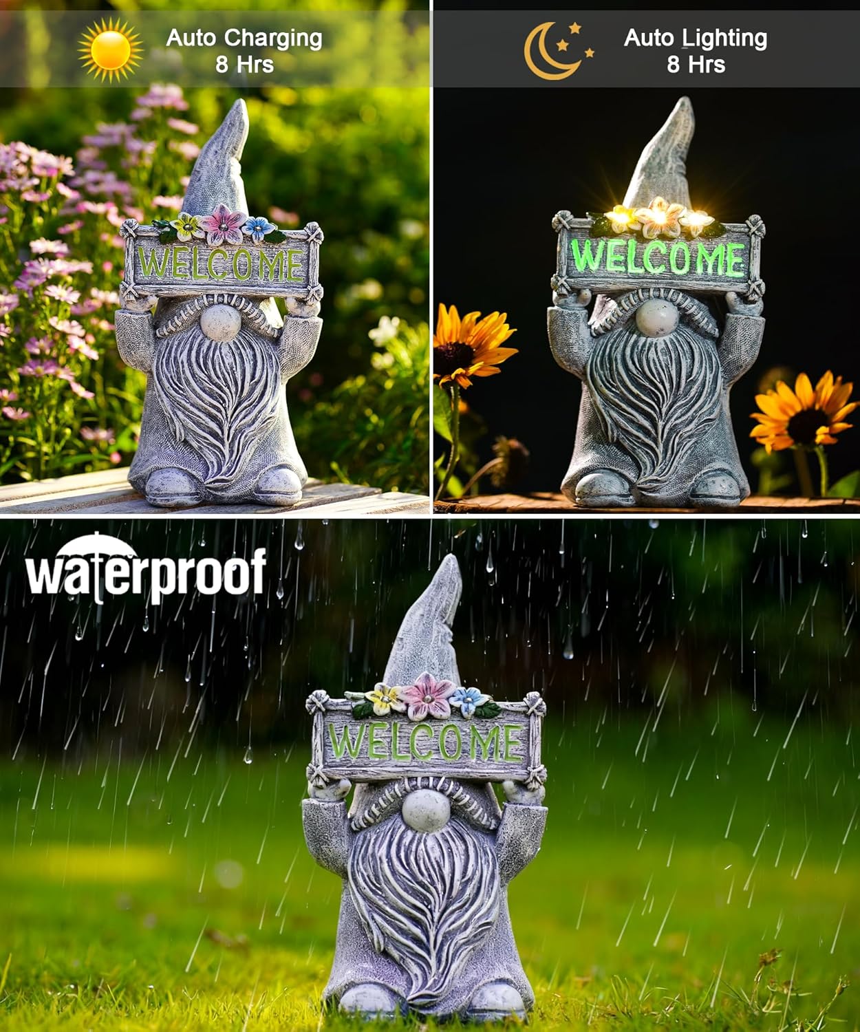 Nacome Solar Gnome Statue for Garden Decor: Outside Sculpture with Flower Welcome Sign Clearance for Yard Art Lawn Ornaments Porch Patio Balcony - Birthday Gifts for Grandma Mom Women(Grey)