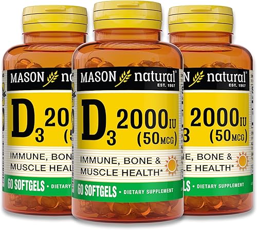 MASON NATURAL Vitamina Ultra Strength D3 2000 UI cápsulas blandas, 60 unidades, paquete de 3