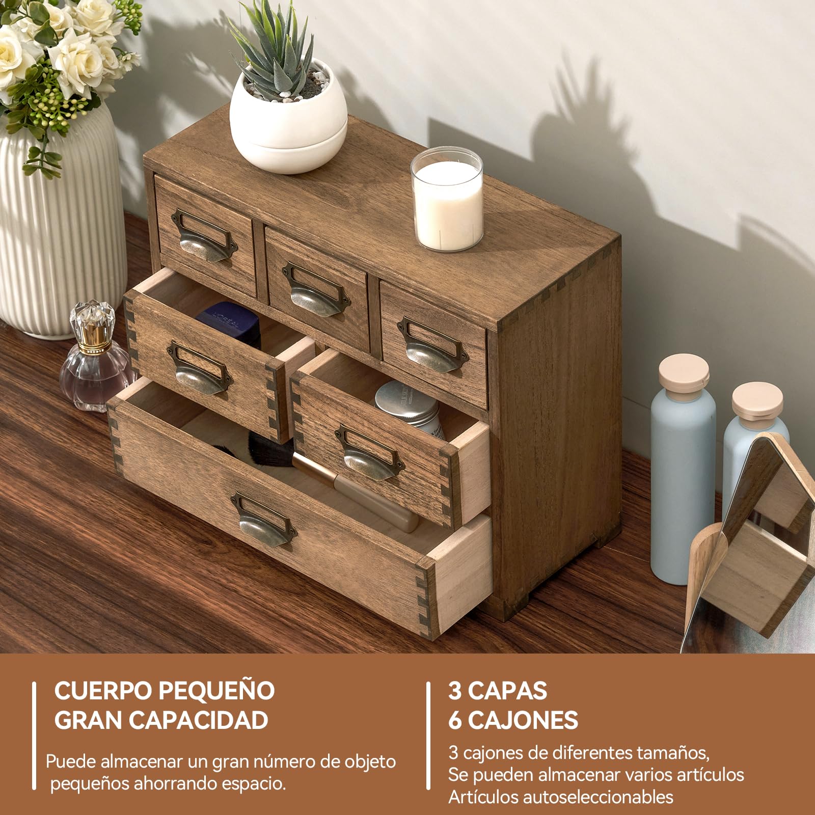 KIRIGEN Organizador de Escritorio, Minicajonera de Madera, Marrón oscuro | 6 cajones, paulownia maciza, 35,7 x 14,2 x 28,1 cm, artesanal, montada, ensambles de mortaja y espiga, aceite vegetal
