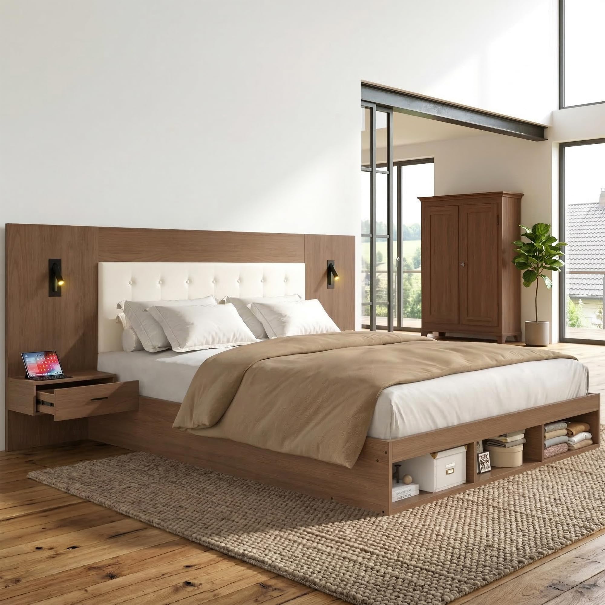 Letto matrimoniale 180x200 con USB e Type-C e lampada da lettura, Letto contenitore con 2 comodini, Struttura letto matrimoniale Legno legno di noce (Senza Materasso)