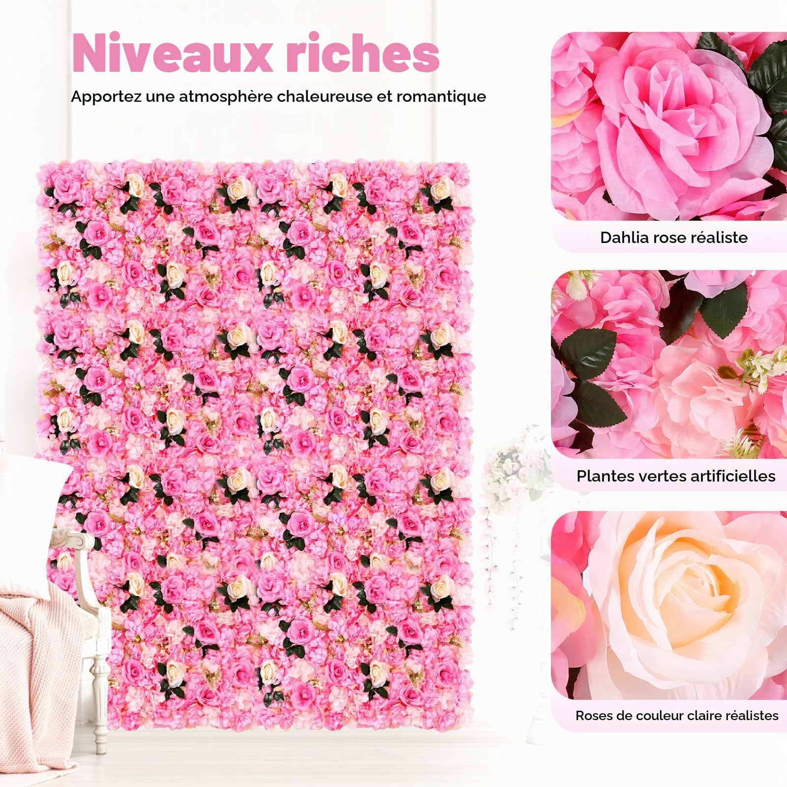 Lot de 12 panneaux muraux de fleurs artificielles, panneau mural de fleurs, fond de rose, décoration de maison, décoration de mariage, fête prénatale, fête, mur de bonbons, zones photo