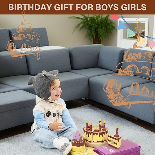 Miniatura 6 de WoodenEdu Juguetes de madera para cortar pasteles para fiesta de cumpleaños, comida de simulación con velas y números, juguetes de regalo de cocina