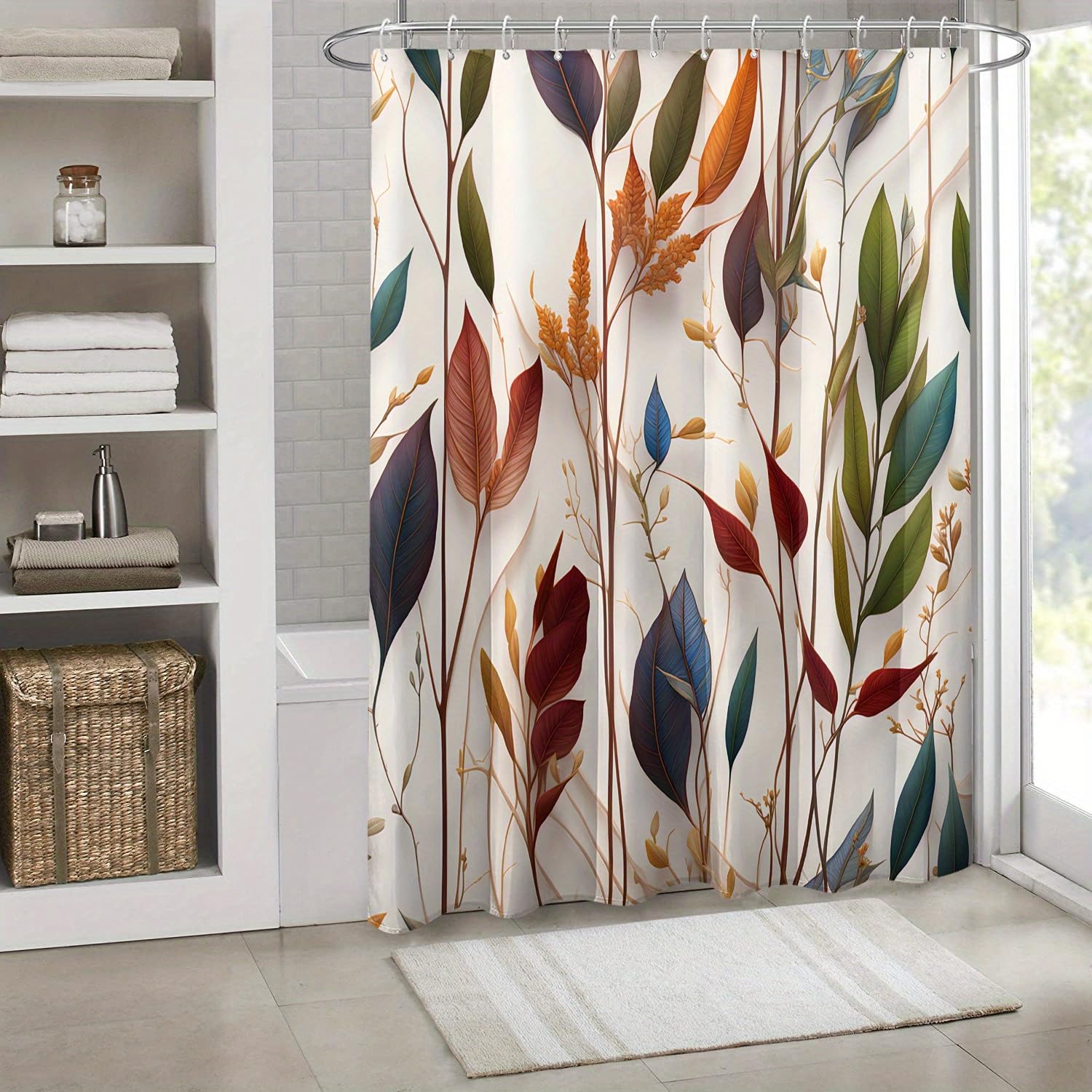 GLWDMB 1 Piece 180x220CM Colorful Leaves Printed Shower Curtain With Hook, Polyester, for Windows And Walls, Bathtub, Bathroom, Machine Washable, All Season Universal