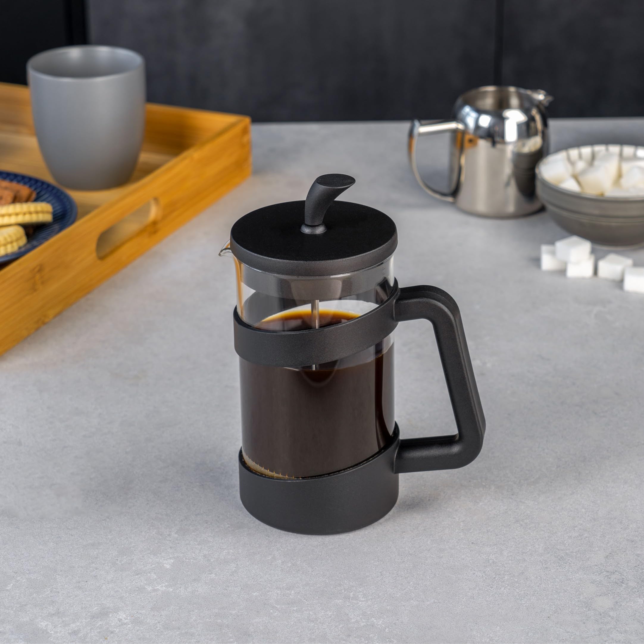 Café Olé Style Kawiarka, czarna, 600 ml / 2–3 kubki / 5 filiżanek do espresso, zaparzacz do kawy typu French Press, filtr z siatki ze stali nierdzewnej, korpus szklany