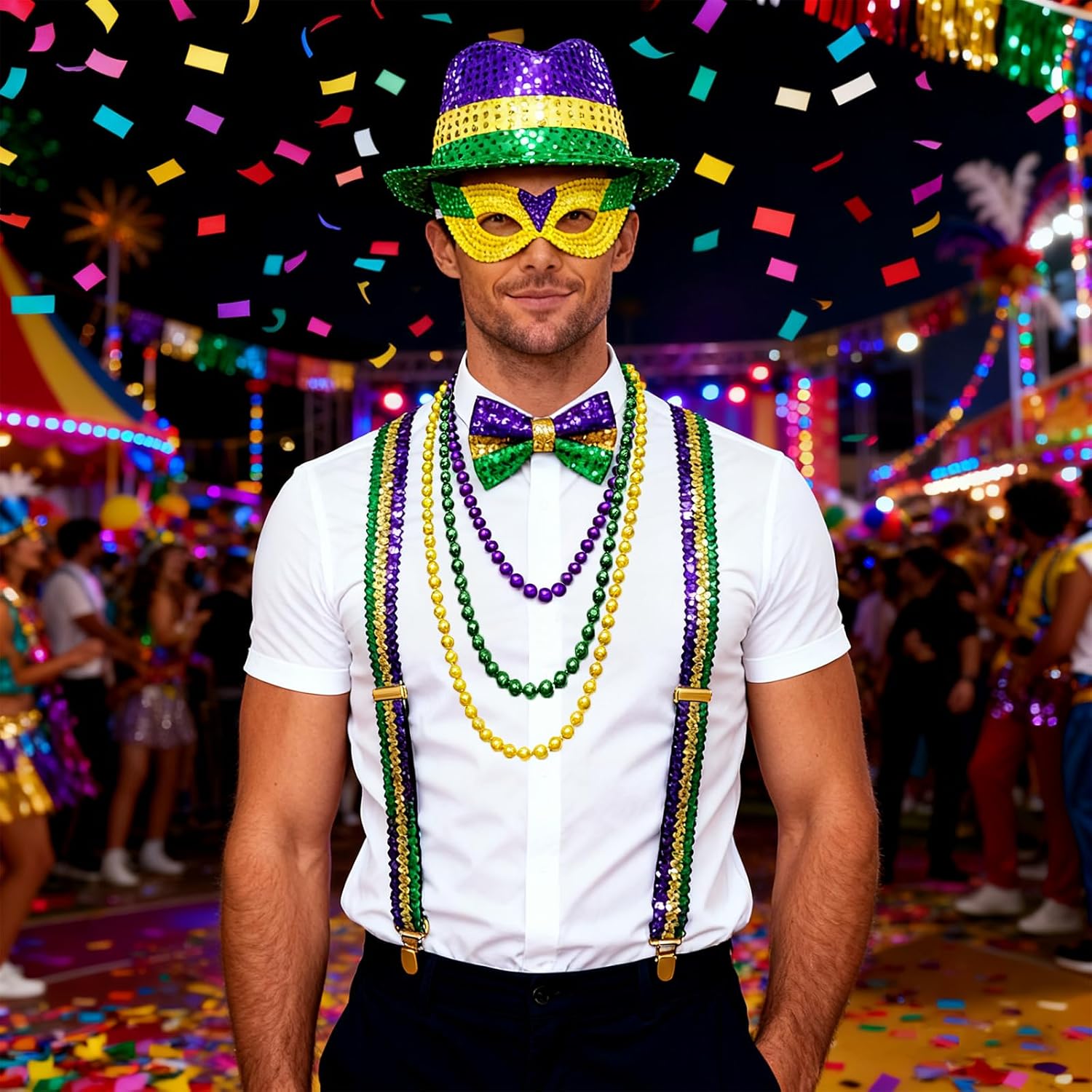 16PCS Mardi Gras Accessories Set, Sequin Fedora Hat Bow Tie Masquerade Mask Suspenders Mardi Gras Bead Necklaces for Men Costume Outfit Carnival Party - Image 9