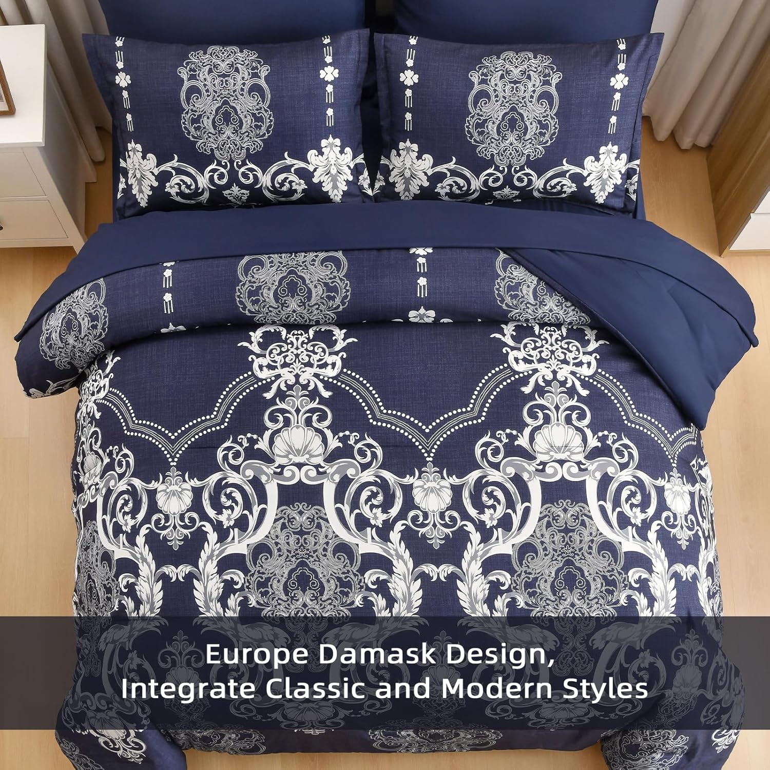 Mybedsoul 7 Pieces Navy Blue Comforter Set King Size, Damask Bed in a Bag for King Bed, Lightweight Microfiber Boho Bedding Sets with Comforter, Sheet, Pillowcases & Shams for All Season(90"x104") - Image 3