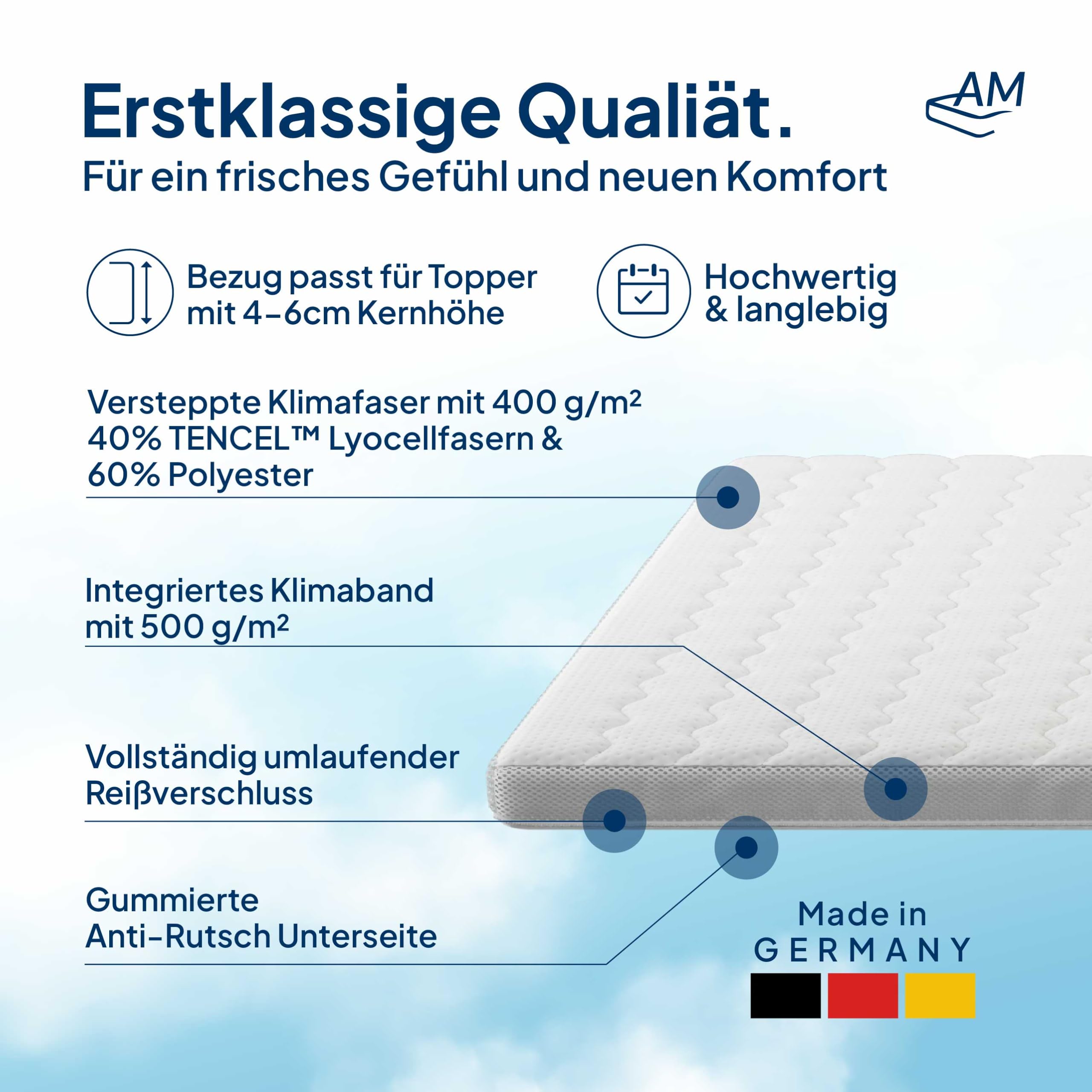 AM Qualitätsmatratzen Lyocell Topper Bezug 160x200 4-6 cm Kernhöhe - Made in Germany & Oeko-TEX Siegel - Allergiker Topperbezug 160x200cm mit Anti-Rustch Unterseite & 4-seitigem Reißverschluss