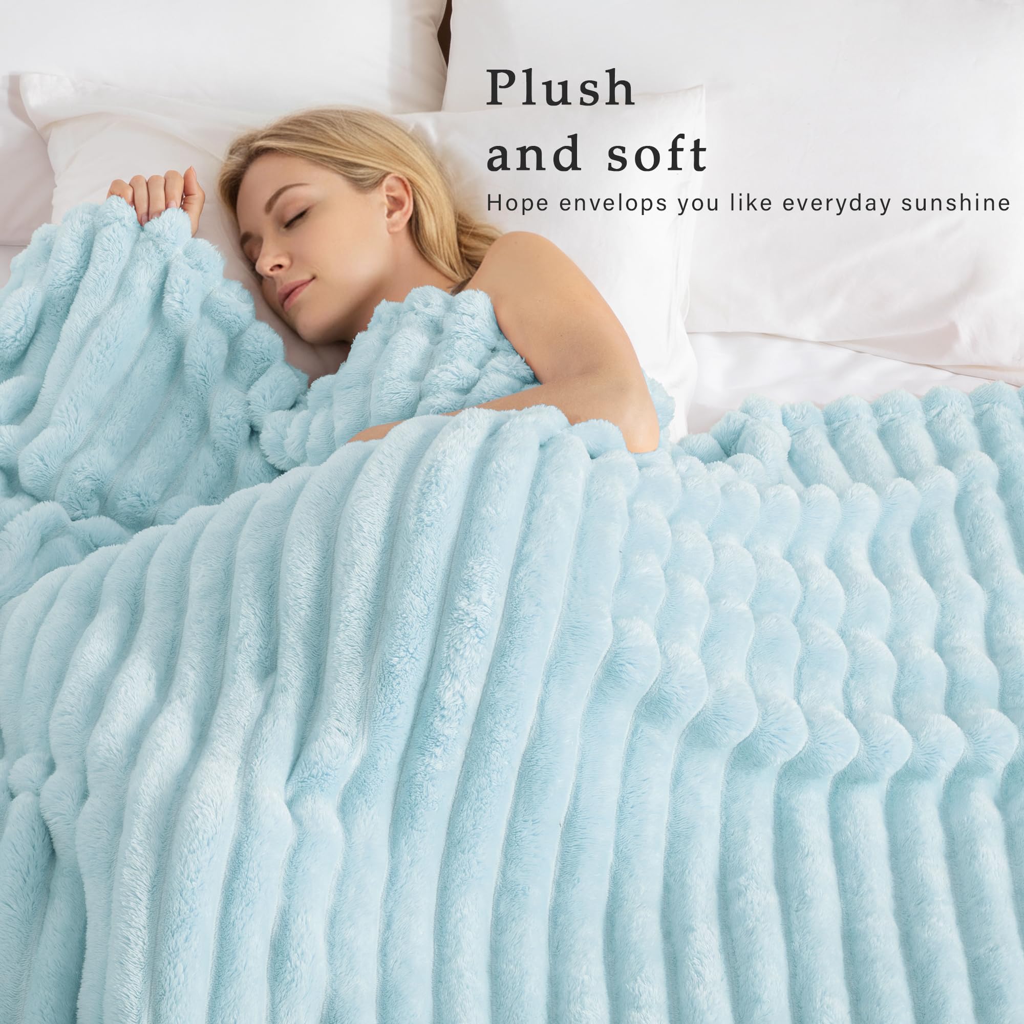 Exclusivo Mezcla Coperta Plaid Pile di Flanella per Divano, 130x150 CM Coperta Letto Singolo con Righe Jacquard, Accogliente e Leggero, Azzurro