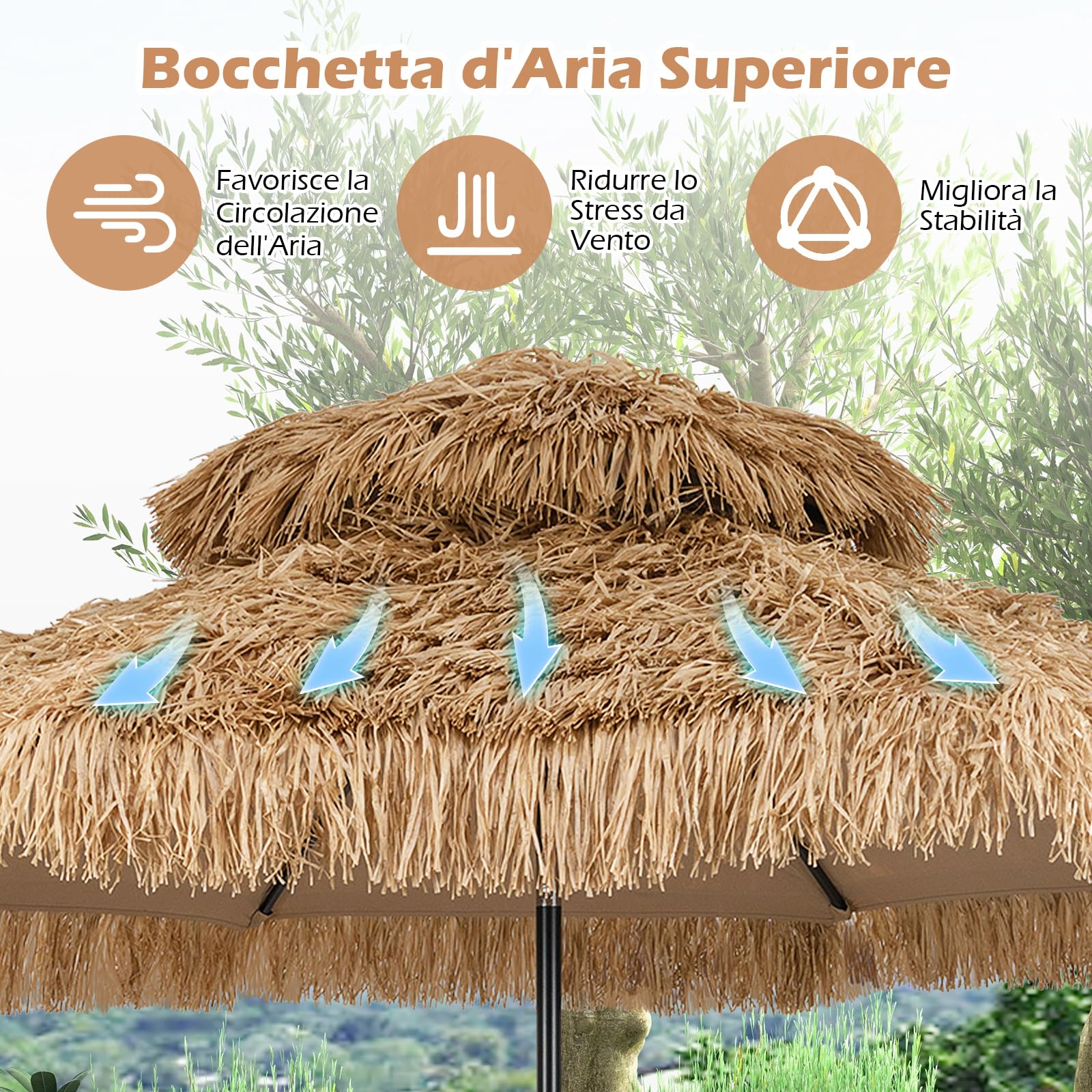 RELAX4LIFE Ombrellone da Spiaggia 2,7M/3M, Parasole Hawaiano in Paglia, Inclinazione Regolabile, Non Base, per Giardino, Cortile, Piscina (3m, sanza Luci)