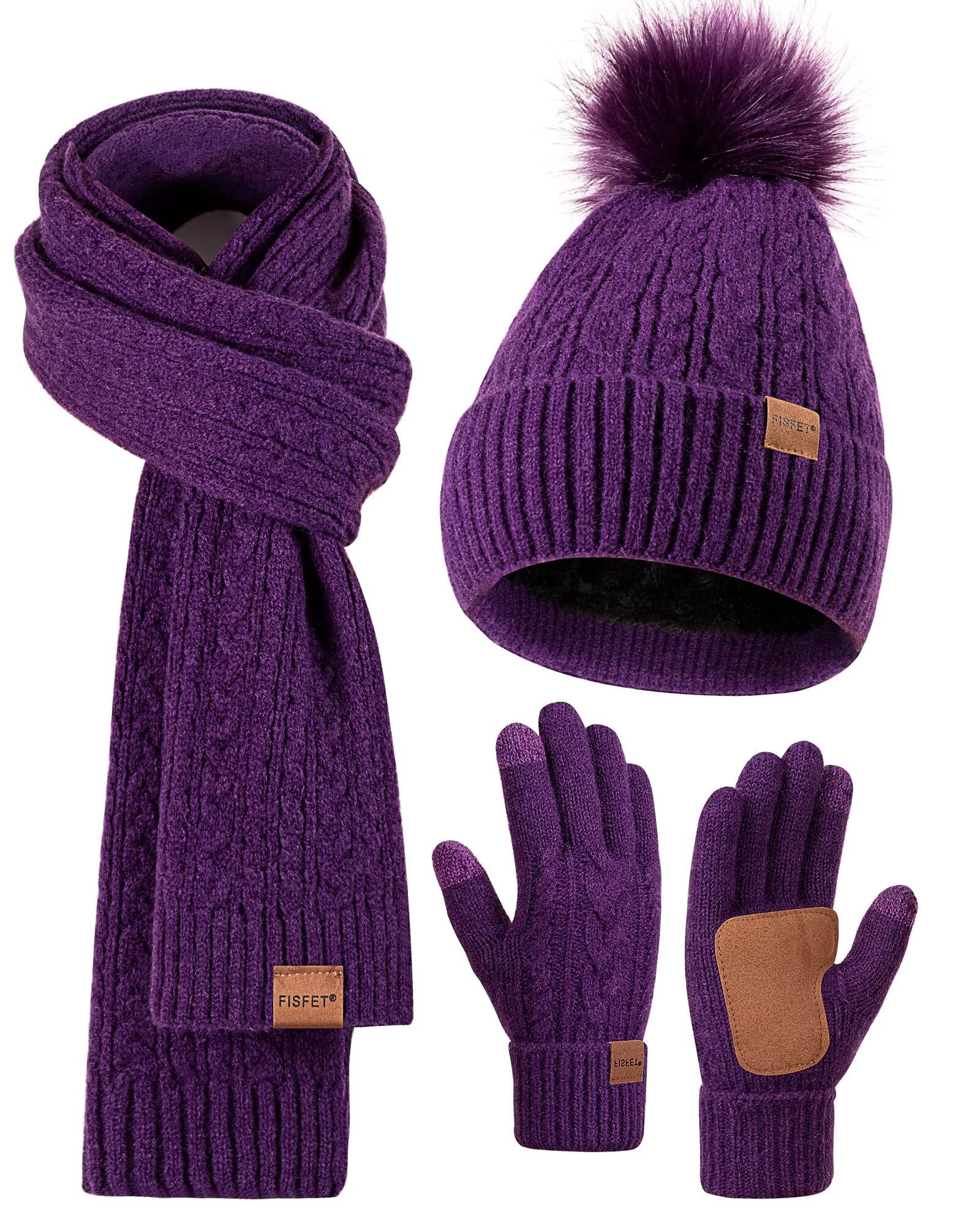 Wintermützen-Set für Damen, Beanie-Mütze, Schal und Handschuhe für Damen, Pom Pom Beanie, Fleece, Halswärmer, Handschuhe, Touchscreen, Geschenkset, 3-in-1