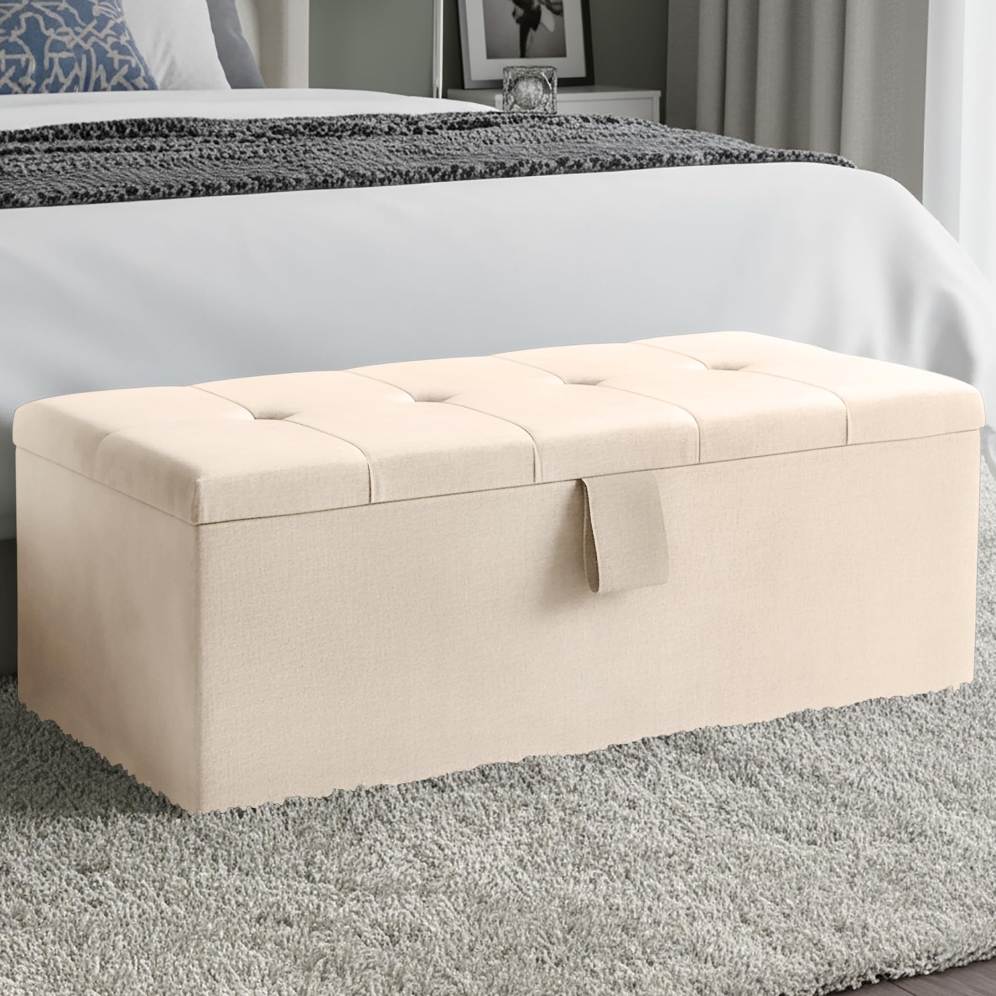 Aiza's Ottoman Storage Box - Large Cube Style Engineered Wood Luxurious Plush Velvet Ottoman Storage Bench - (Cream Plush, No Legs) โ image 1