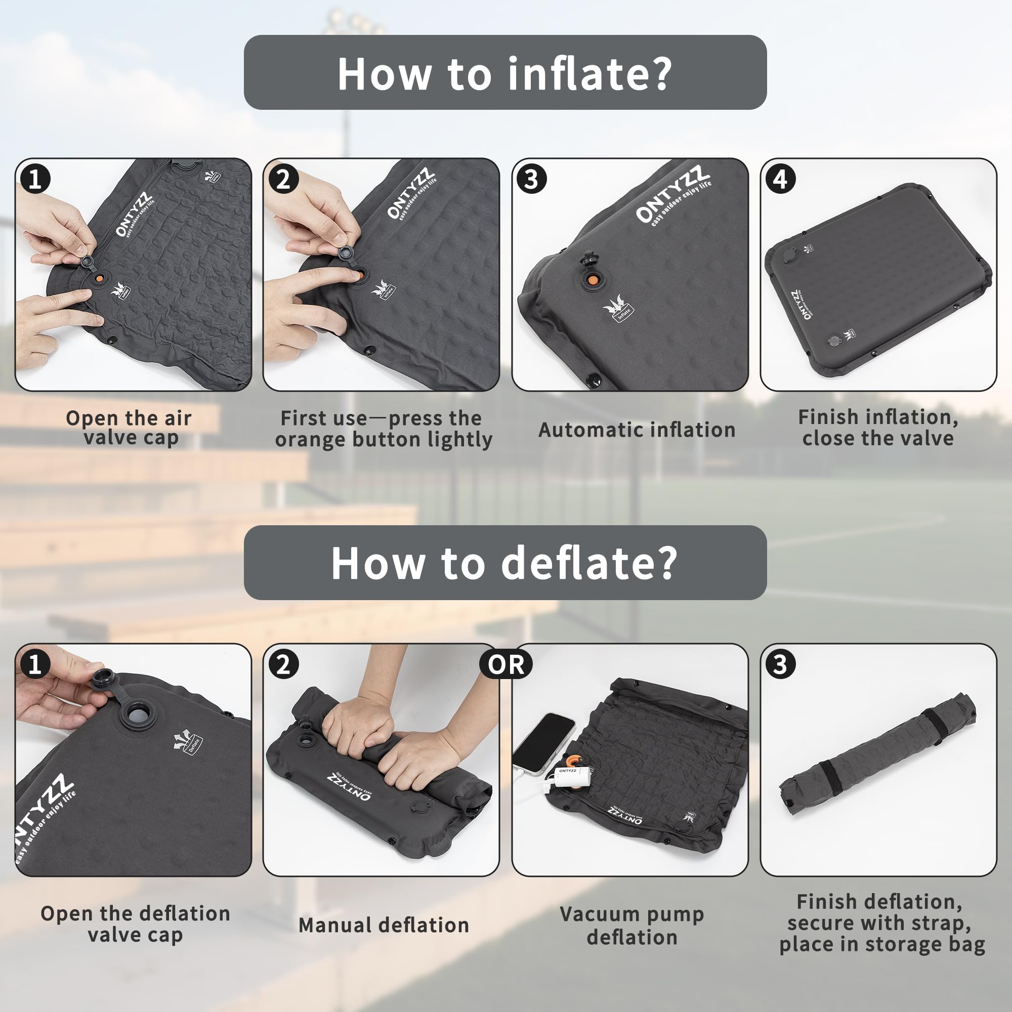 ONTYZZ Cojín de Asiento Autoinflable 41 x 33 x 4 cm Cojín Asiento para Acampada Actividades Aire Libre Cojín Inflable Plegable para Senderismo Picnics.