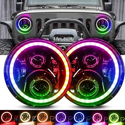 7 '' RGB Halo LED Faros Segunda Generación Ángel Ojos con Luz de Señal de Giro Ámbar Multicolor Bluetooth Control para Jeep Wrangler JK LJ Sahara