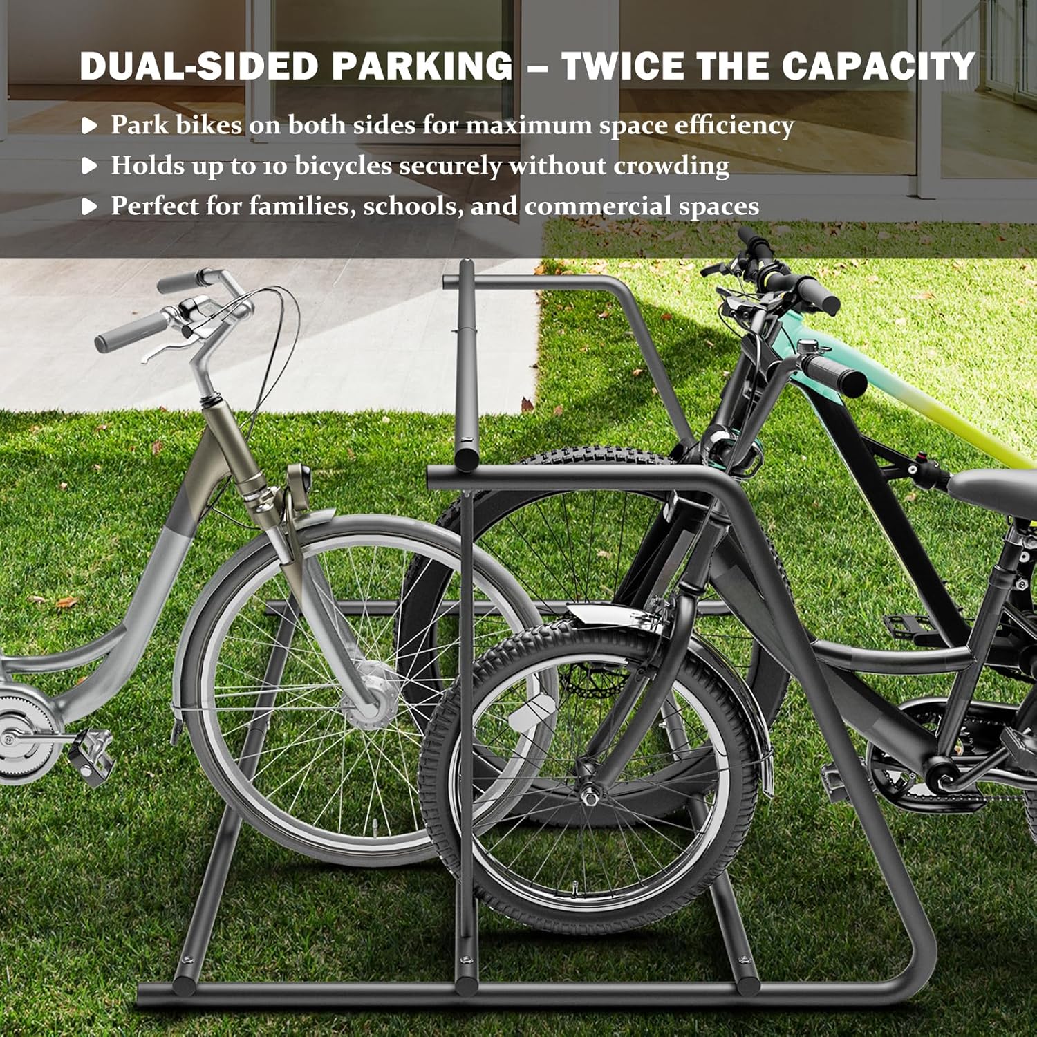 10 Bike Rack 61 Inch Heavy Duty Double Side Grid Bike Stand Powder Coated Steel Bicycle Parking Rack for Garage School Yard Street Commercial Outdoor Use