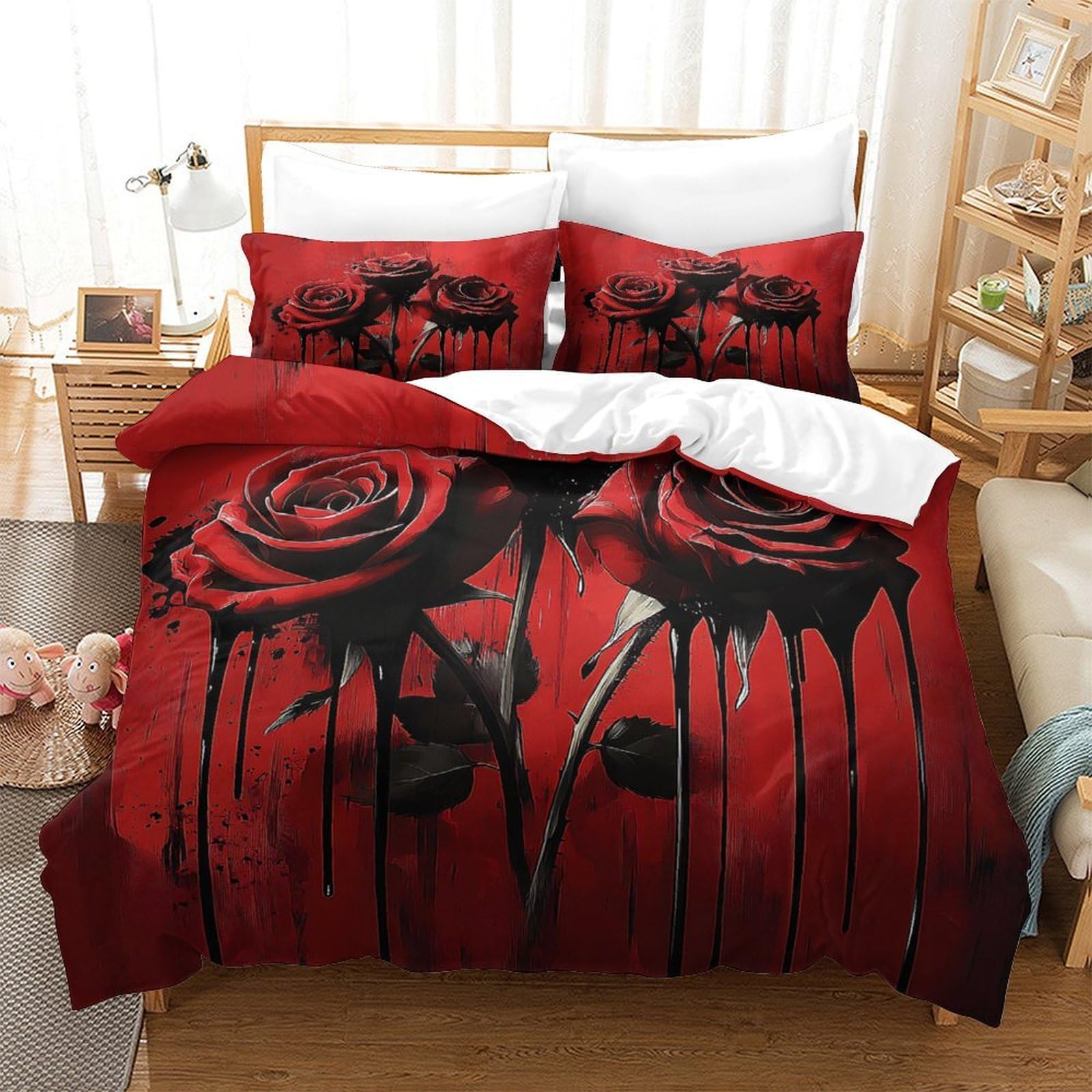 Blutige Rosen 3-teiliges Pflegeleichtes Polyester Gotische Kunst Stil Kinderbettbezugset, 2 Kissenbezug, Unsichtbarer Reißverschluss, Babysicher King（220x240cm）