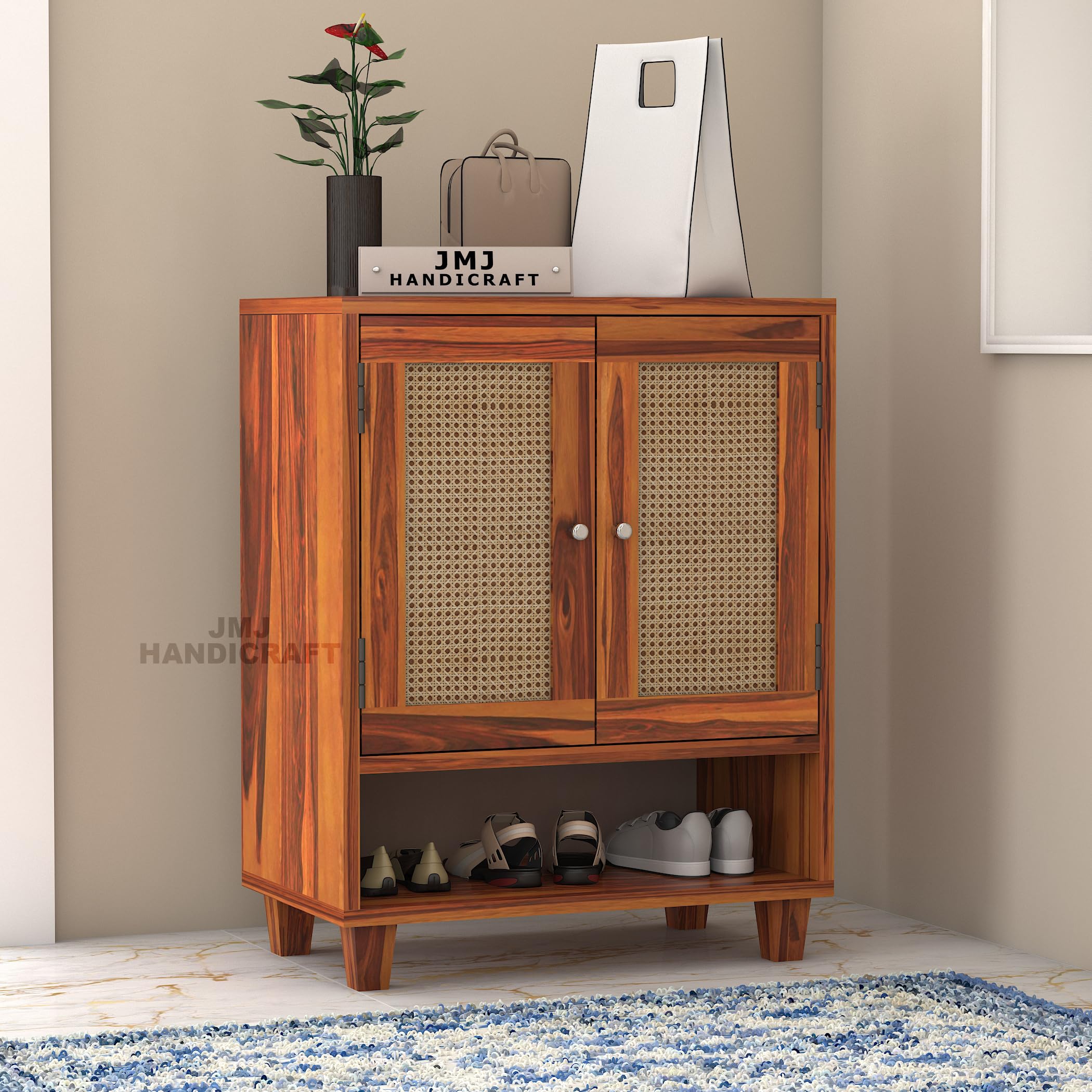 JMJ HANDICRAFT Solid Sheesham Wood Shoe Rack with 2 Door & 4 Shelves - Shoe Cabinet Wooden Shoe Stand for Home | Wooden Storage Cabinet for Shoe Storage Organizer (Honey)-image-47