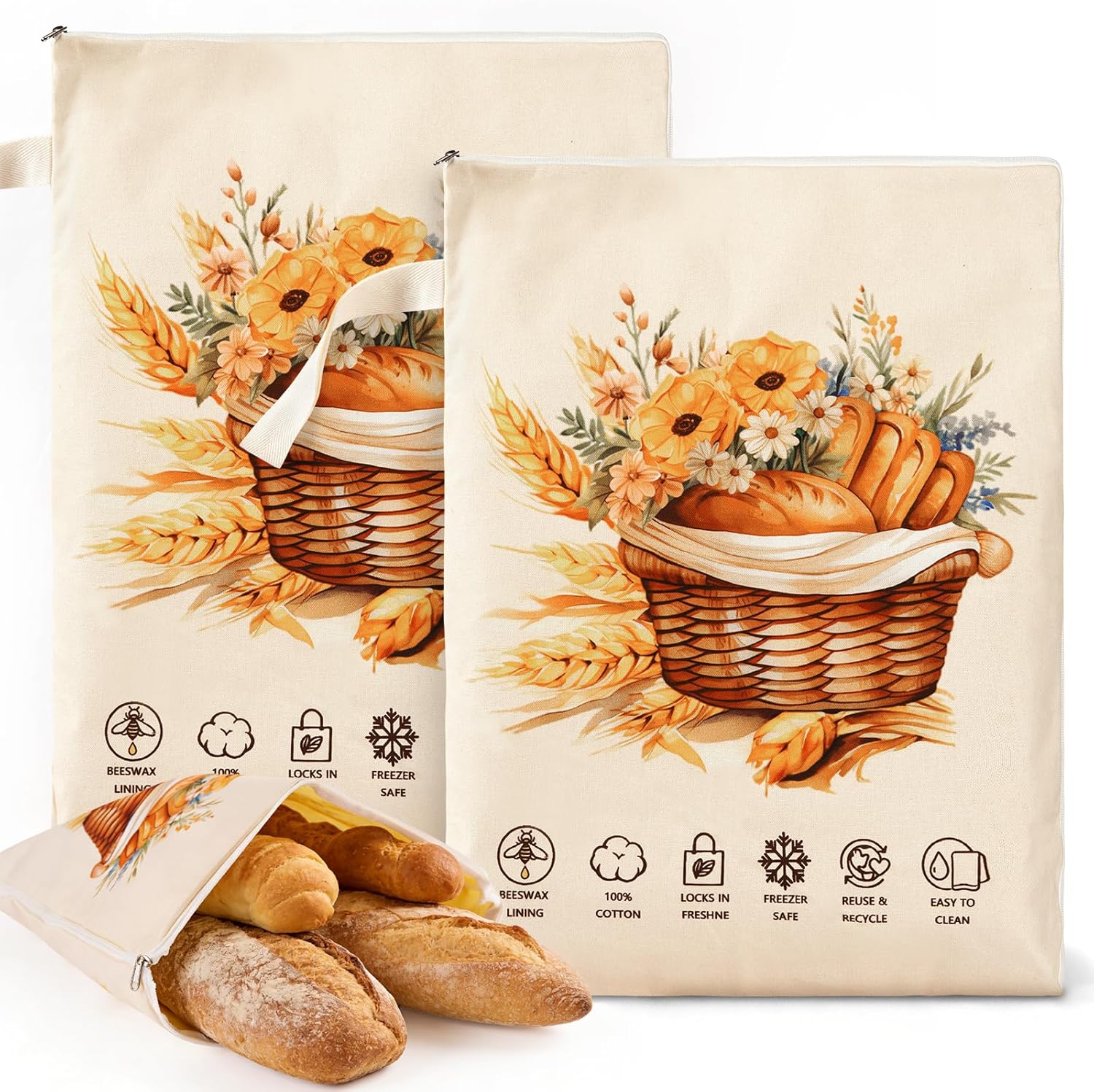 Reusable Bread Bags for Homemade Bread 2 Pack, L-shaped Zipper Beeswax Bread Bag for Easy Access, Exquisite Floral Print, Freezer Safe Breathable Cotton Beeswax Bread Bags for Sourdough