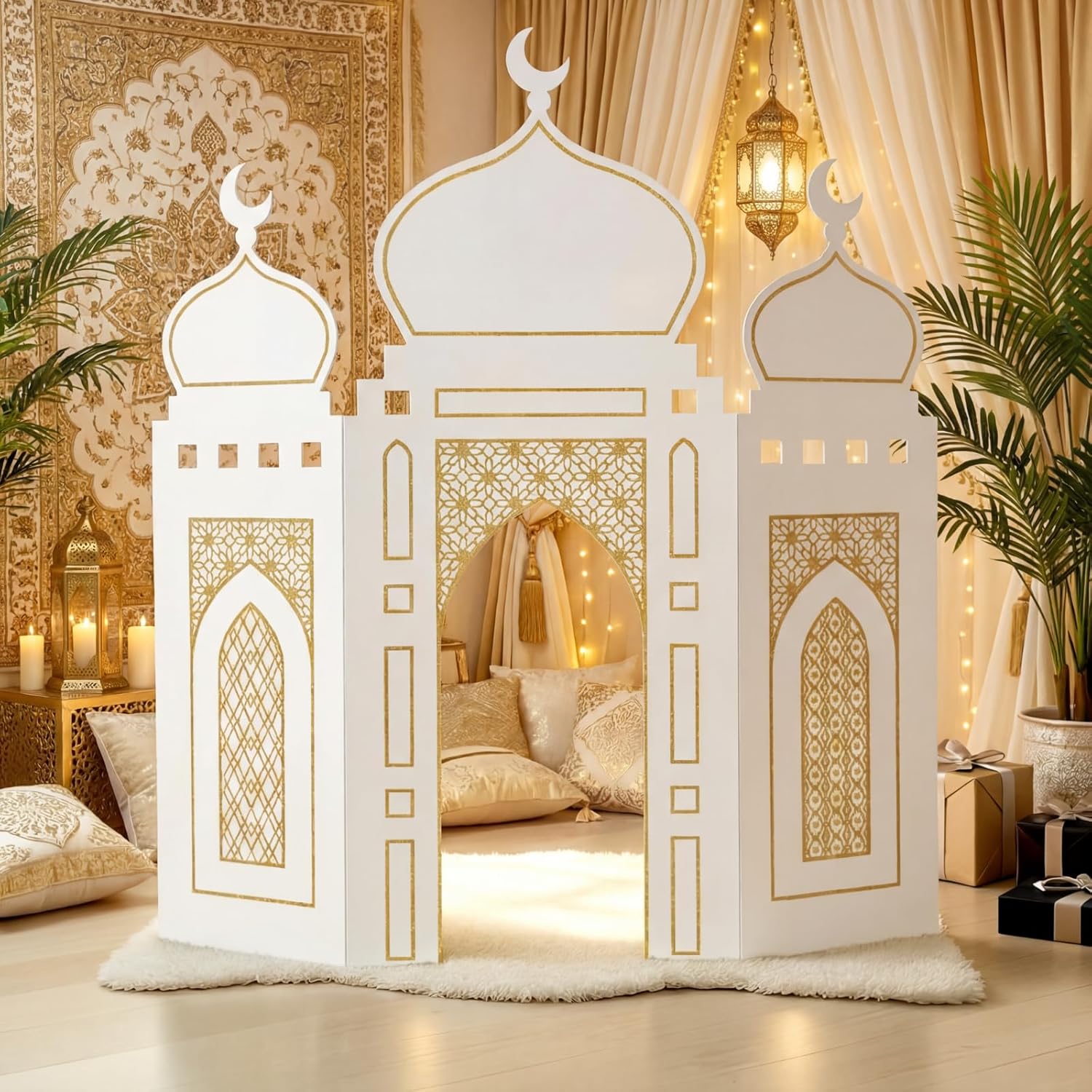Amyhill Ramadan Eid Mosque Decorations 41 x 44.5 Inch DIY Cardboard Mosque Castle for Home Ramadan Playhouse Corner Activities for Islamic Muslim Home Decor (White Gold)