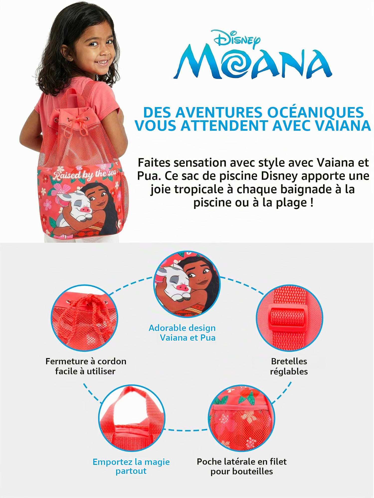 Disney Sac Vaiana Fille, Sacs de Natation Enfant avec Cordon, Sac Piscine Enfant