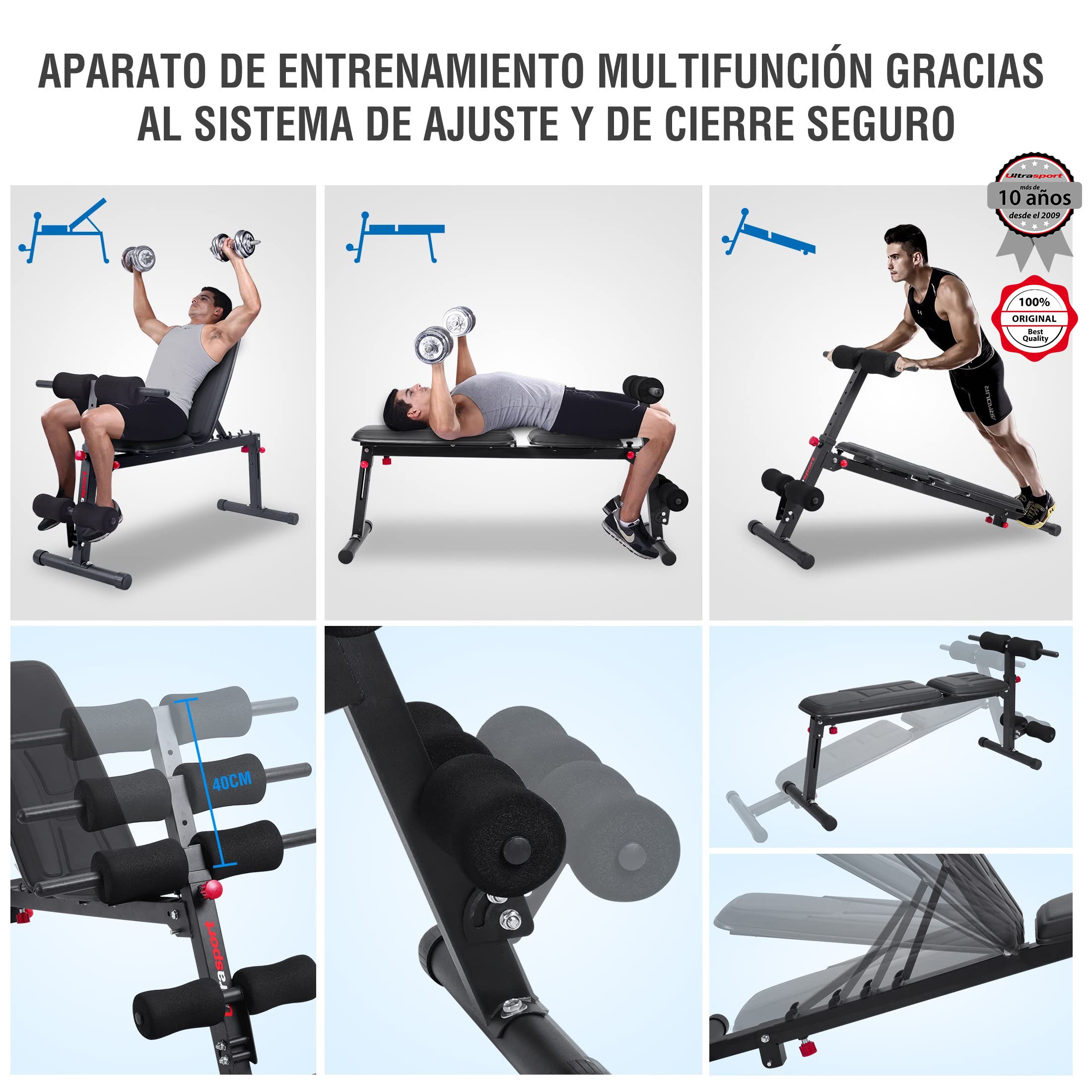 Ultrasport banco de pesas, multifuncional, plegable, banco plano, banco de abdominales, ajustable en 18 posiciones, repelente al agua, entrenador de abdominales, capacidad de carga hasta 500 kg
