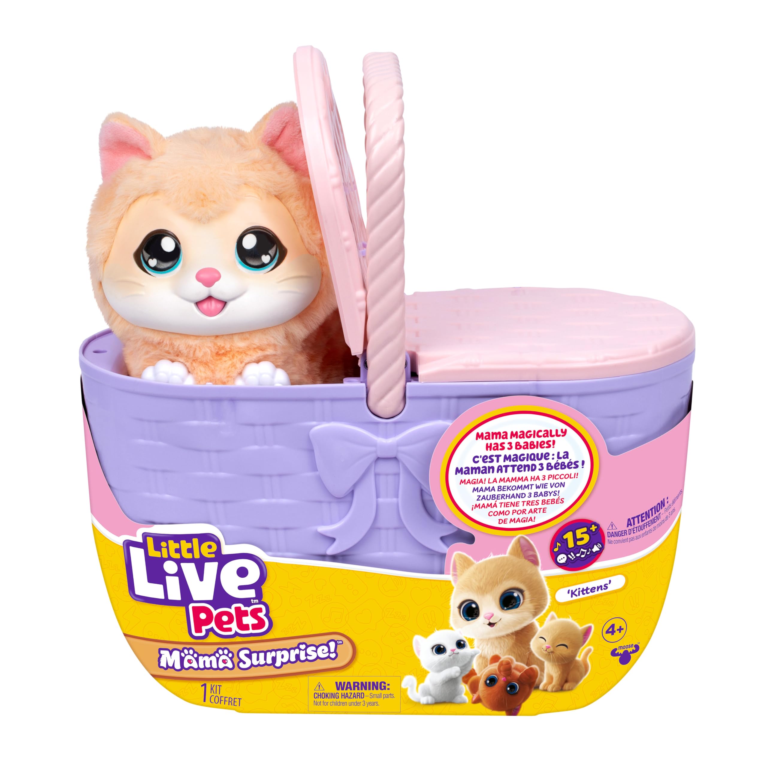 Little Live Pets Mama Surprise Kittens, Interactive Mama with 15+ Sounds & Reactions, Basket 29cm Tall, Mama Has 3 Surprise Babies, Reacts to Touch, Feeds on Fish, Portable Basket, Ages 4+