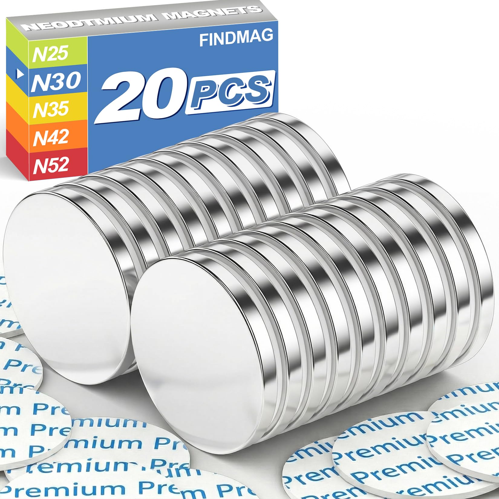 FINDMAG 20 Pack Magnets, Strong Neodymium Disc Magnets, 1.18'' D x 1/8'' H