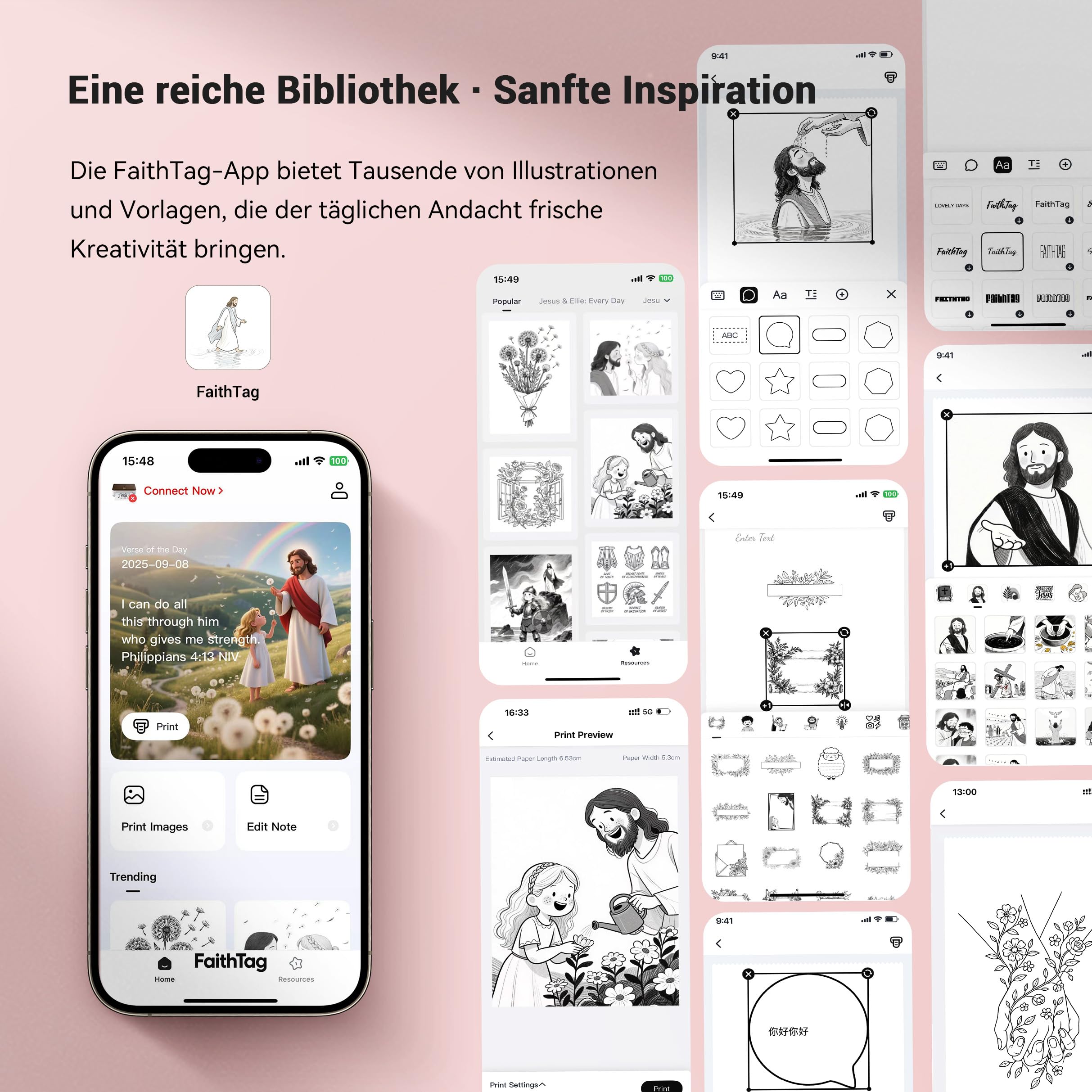 Rosa Bibel Zubehör, Mini Aufkleberdrucker F21 Set für Bibel Journaling, Christliche Geschenke für Frauen, Kinder, Familie und Gruppenstudien, mit 3 Rollen Aufklebern, Oster Geschenk Set