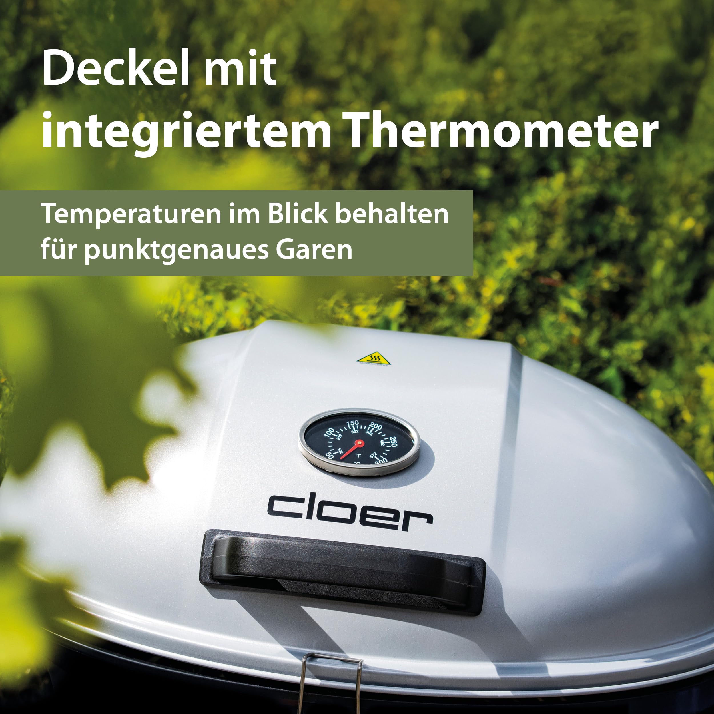 Cloer 6789 Barbecue-Grill, Outdoor Standgrill mit integriertem Thermometer, Antihaftbeschichtung, 2400 Watt, Grillfläche: 38,5 x 52,5 cm, platzsparend verstaubar